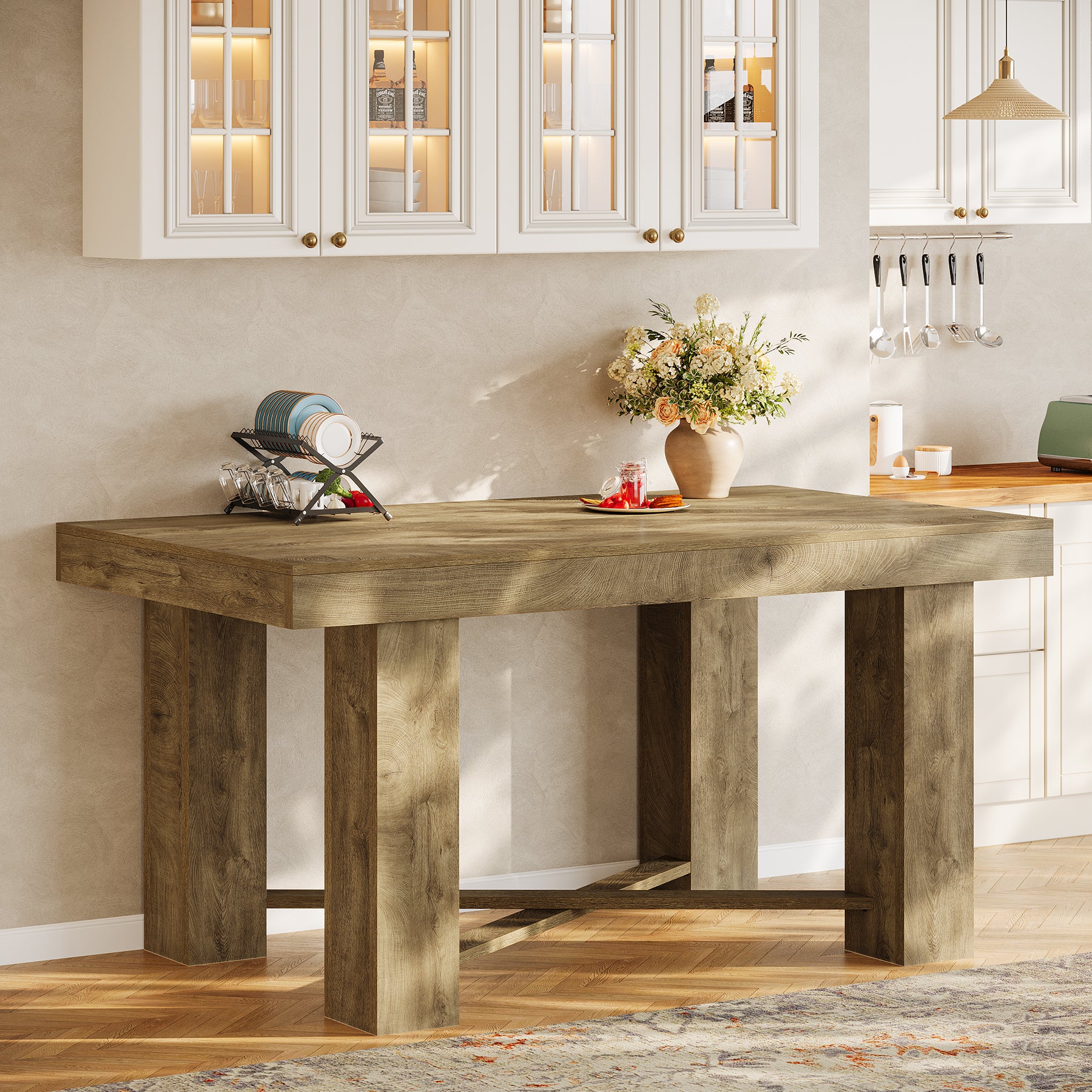 55 Inch Kitchen Island Table Counter Height, Farmhouse Prep Table with Thick Wood Top