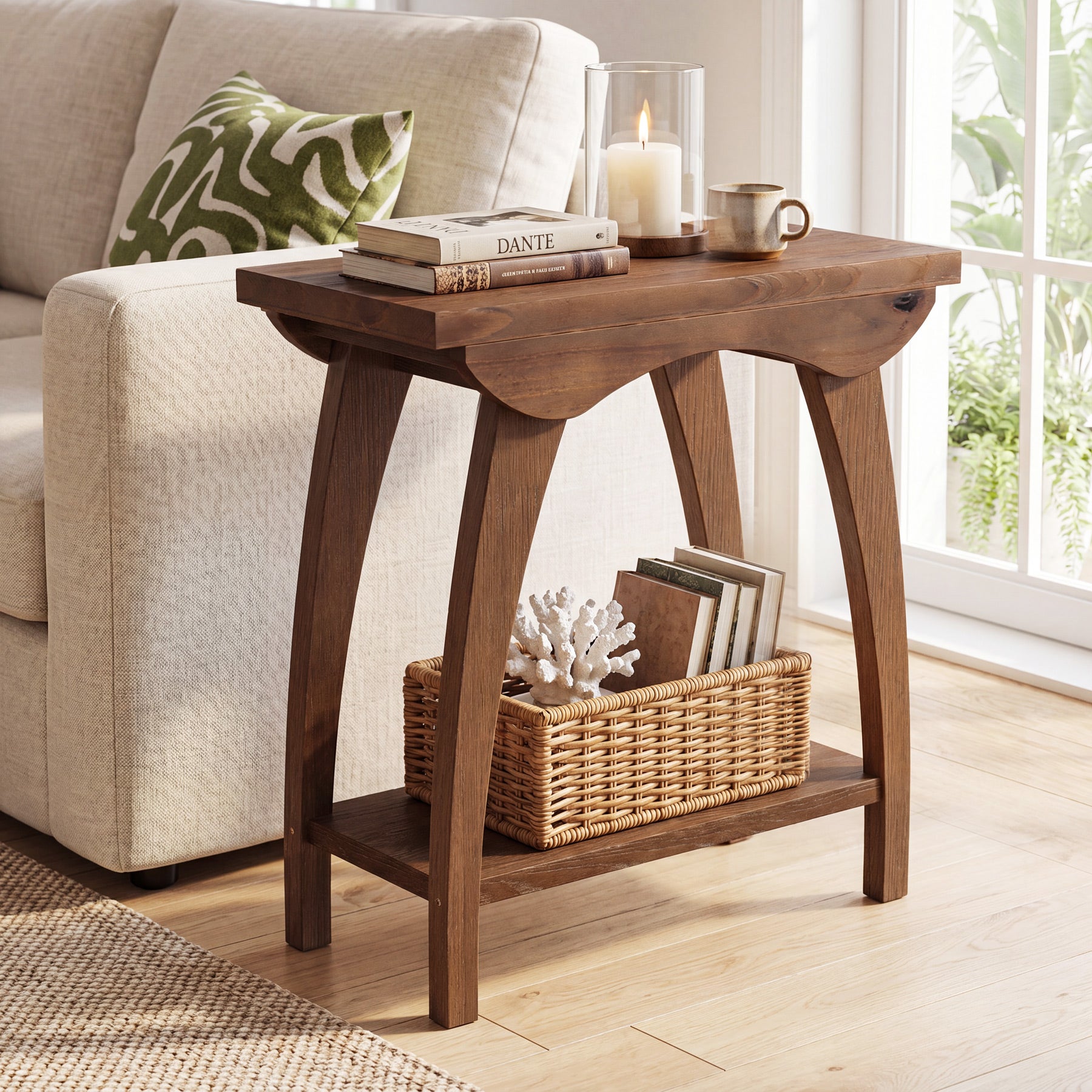 2-Tier Solid Wood End Table, Rectangle Sofa Side Table with Shelf for Living Room