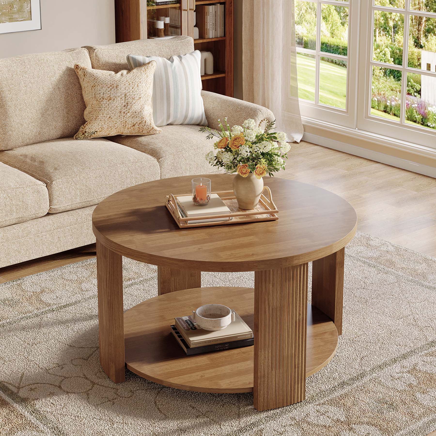 2-Tier Round Coffee Table, 31.5" Circle Accent Center Table with Thick Tabletop