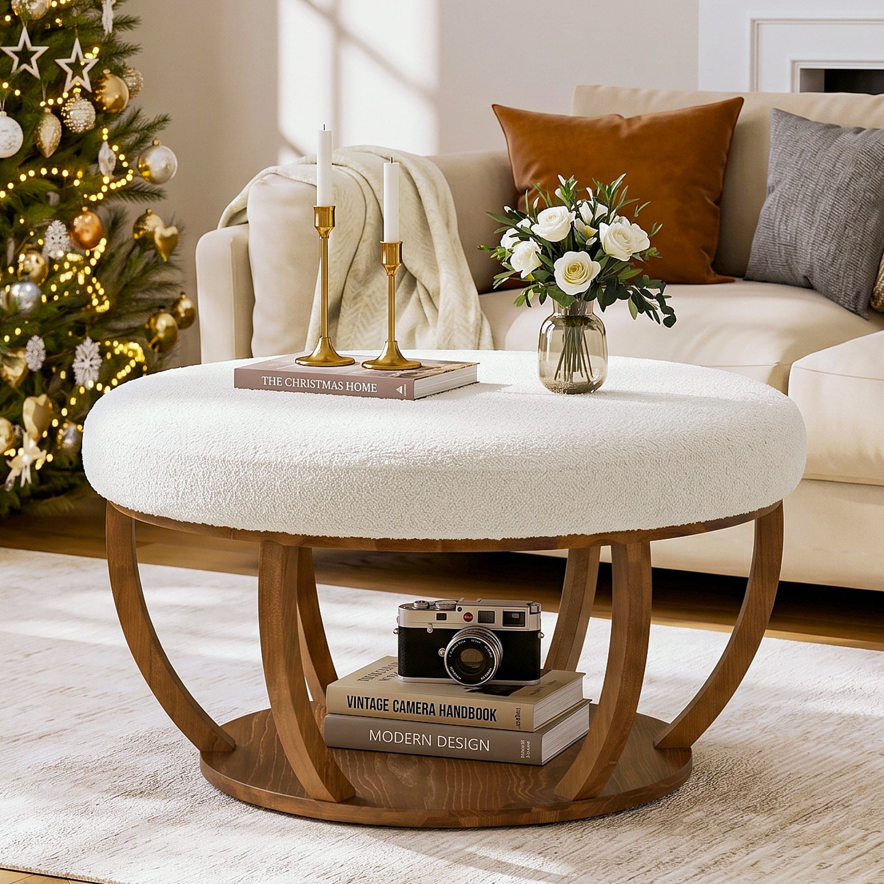 31.5" Round Coffee Table, Modern Footrest Ottoman Center Table with Solid Wood Frame