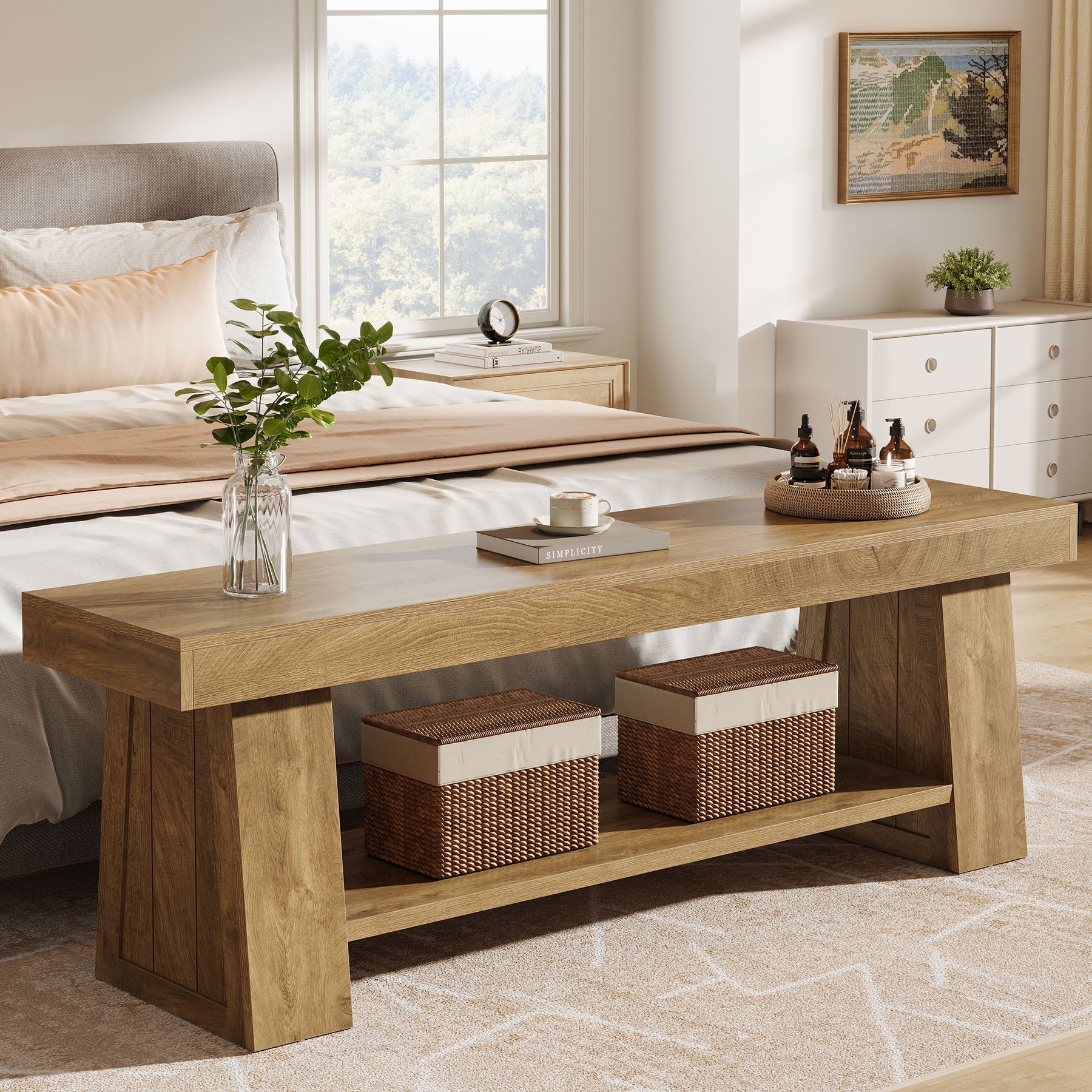 63" Entryway Bench with Storage Shelf, 2-Tier Hallway Shoe Bench