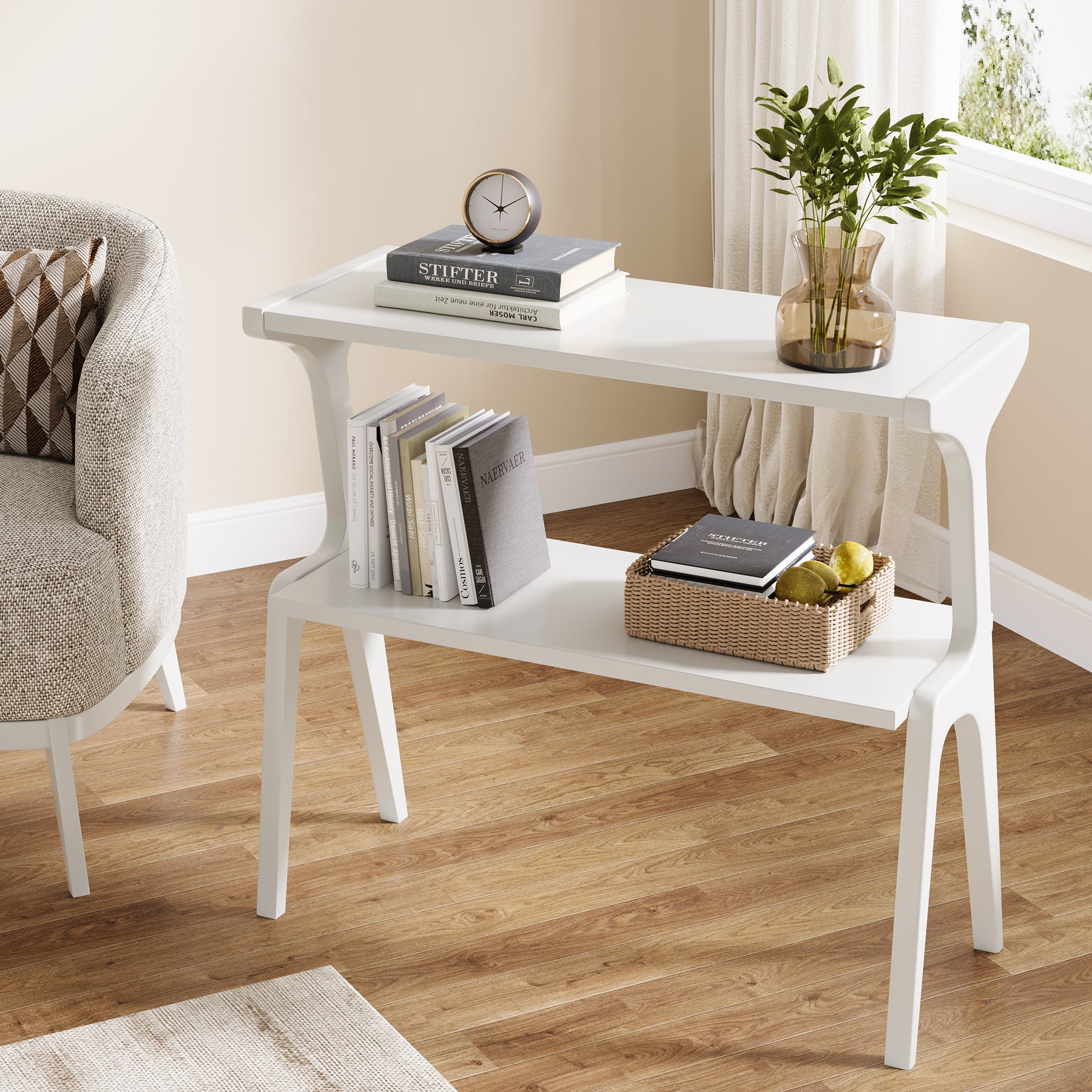Solid Wood End Table, 2-Tier Sofa Side Table with Storage Shelf