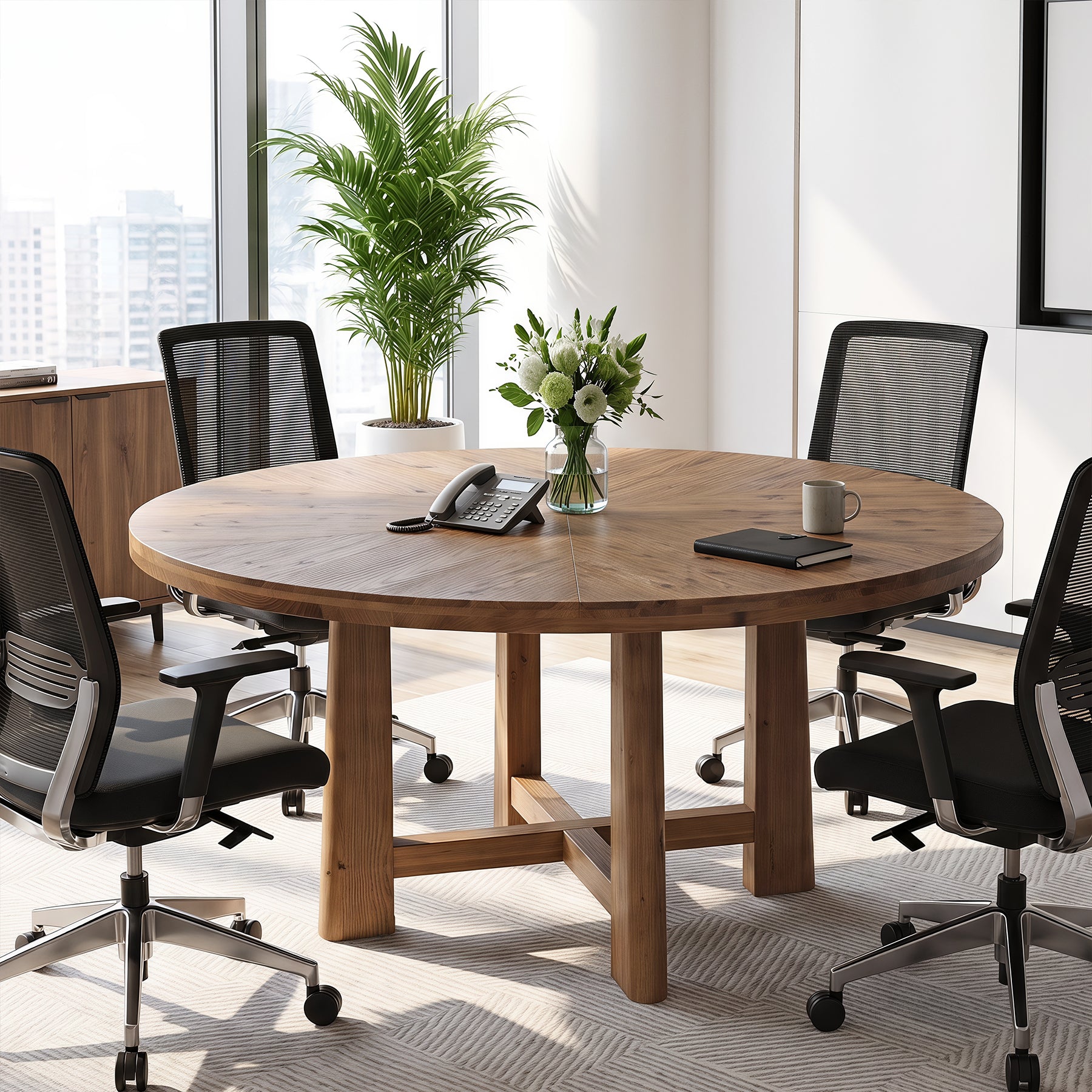 47" Round Conference Table for 4-6, Solid Wood Farmhouse Meeting Room, Home Office