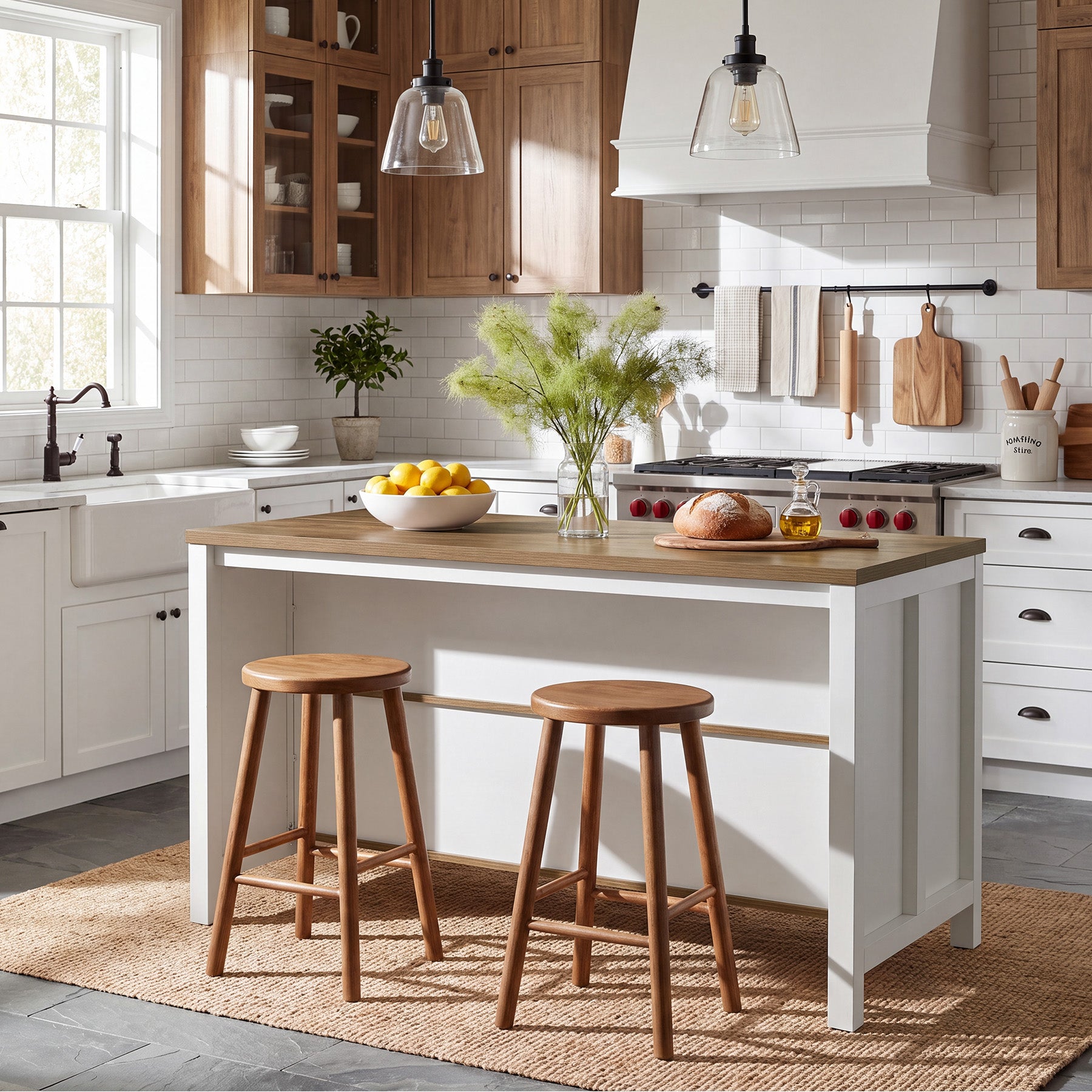 47" Kitchen Island, 2-Tier Farmhouse Wooden Stationary Island Table with Large Worktop