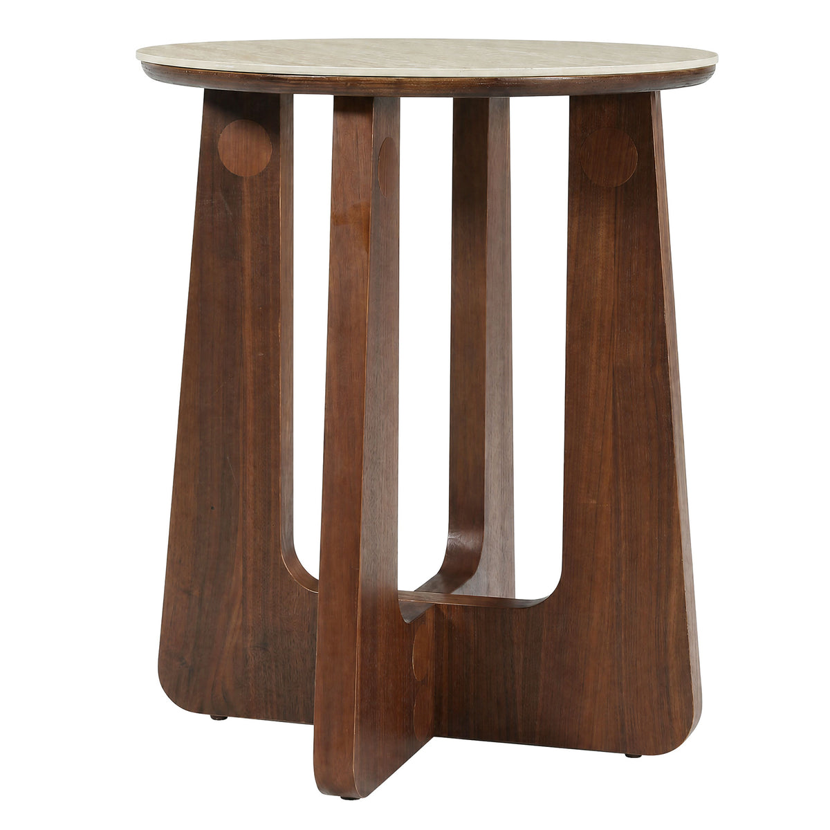 19" Round End Table, Sintered Stone with Solid Wood Base, Mid-Century Modern