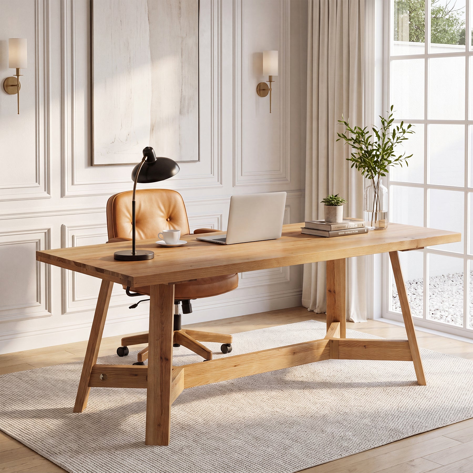 63" Solid Wood Computer Desk, Rectangular Executive Desk Study Table for Home Office