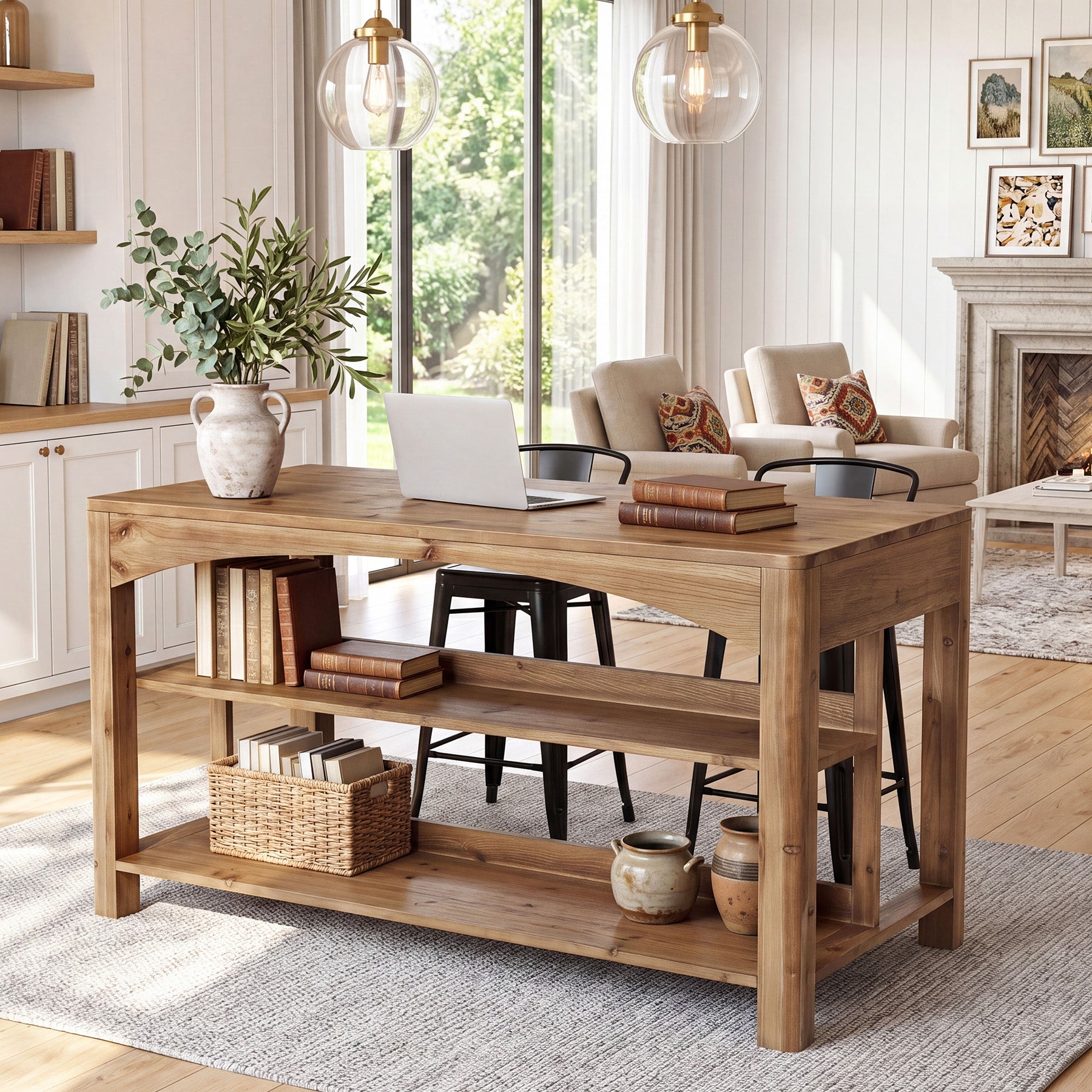 Tribesigns 59-Inch Kitchen Island, Solid Wood Island Table with 3-Tier Storage for Kitchen Dining Room