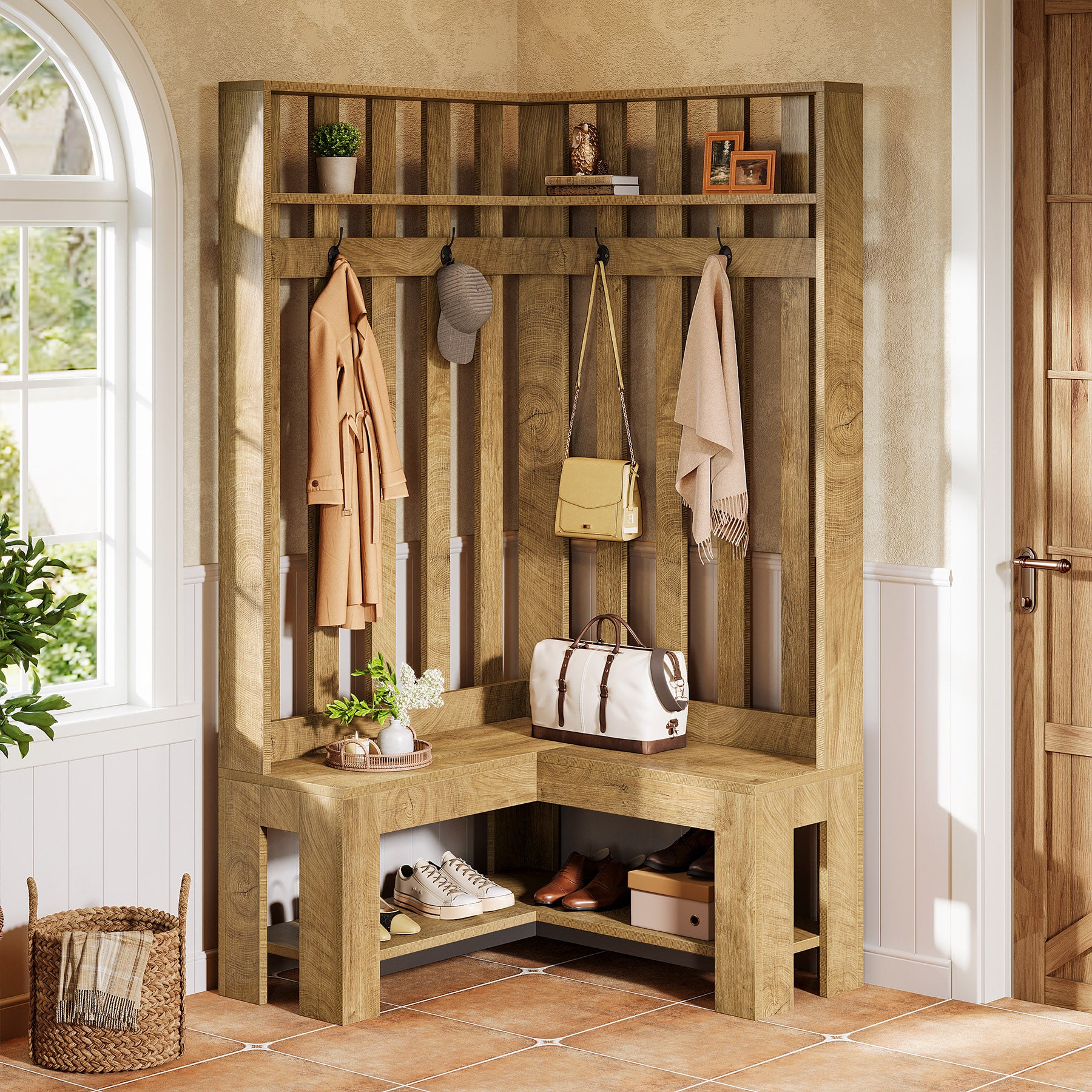 70.8" L-Shaped Coat Rack, Corner Hall Tree with 4 Hooks & Shoe Storage