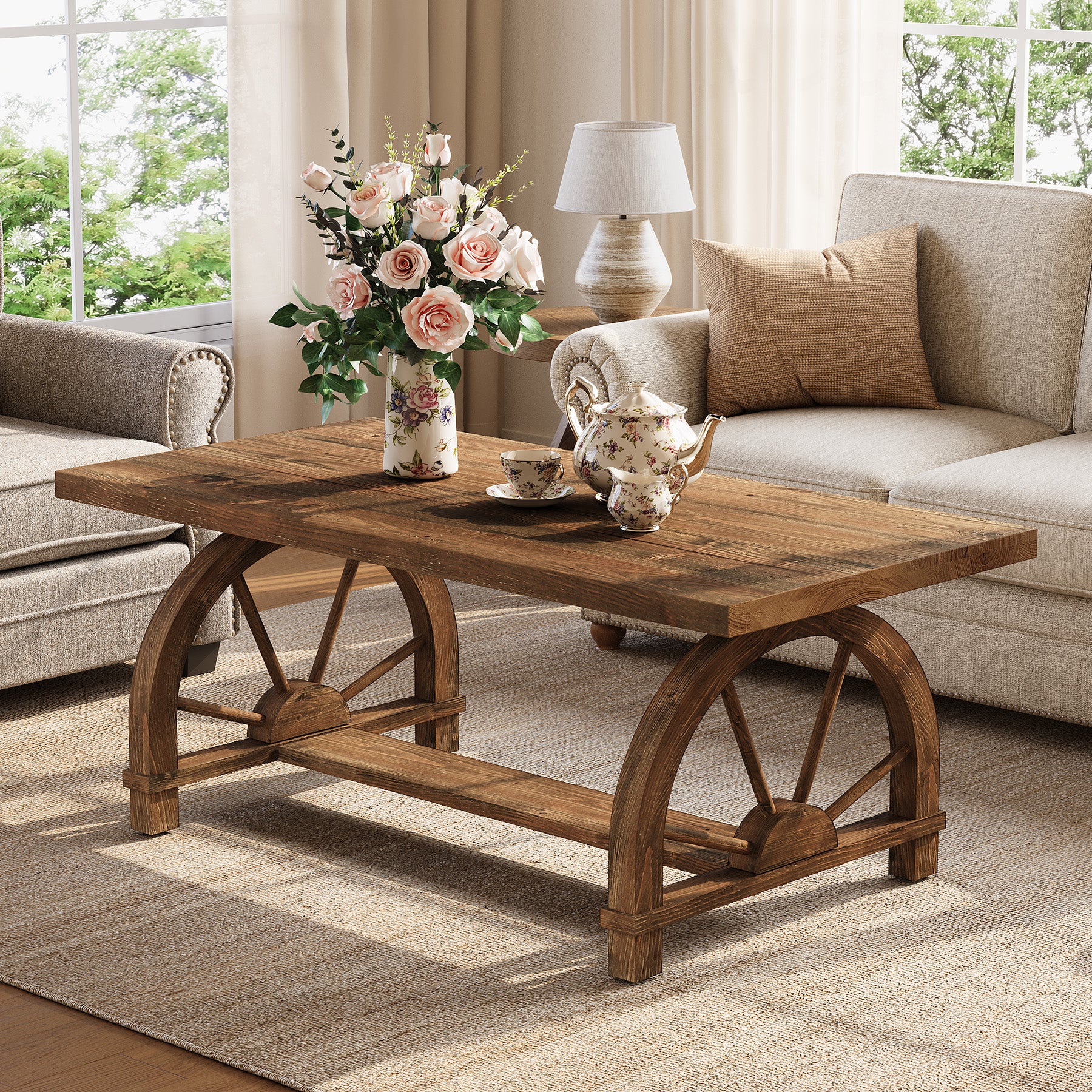 47" Solid Wood Coffee Table, Rectangular Center Table With Arched Base