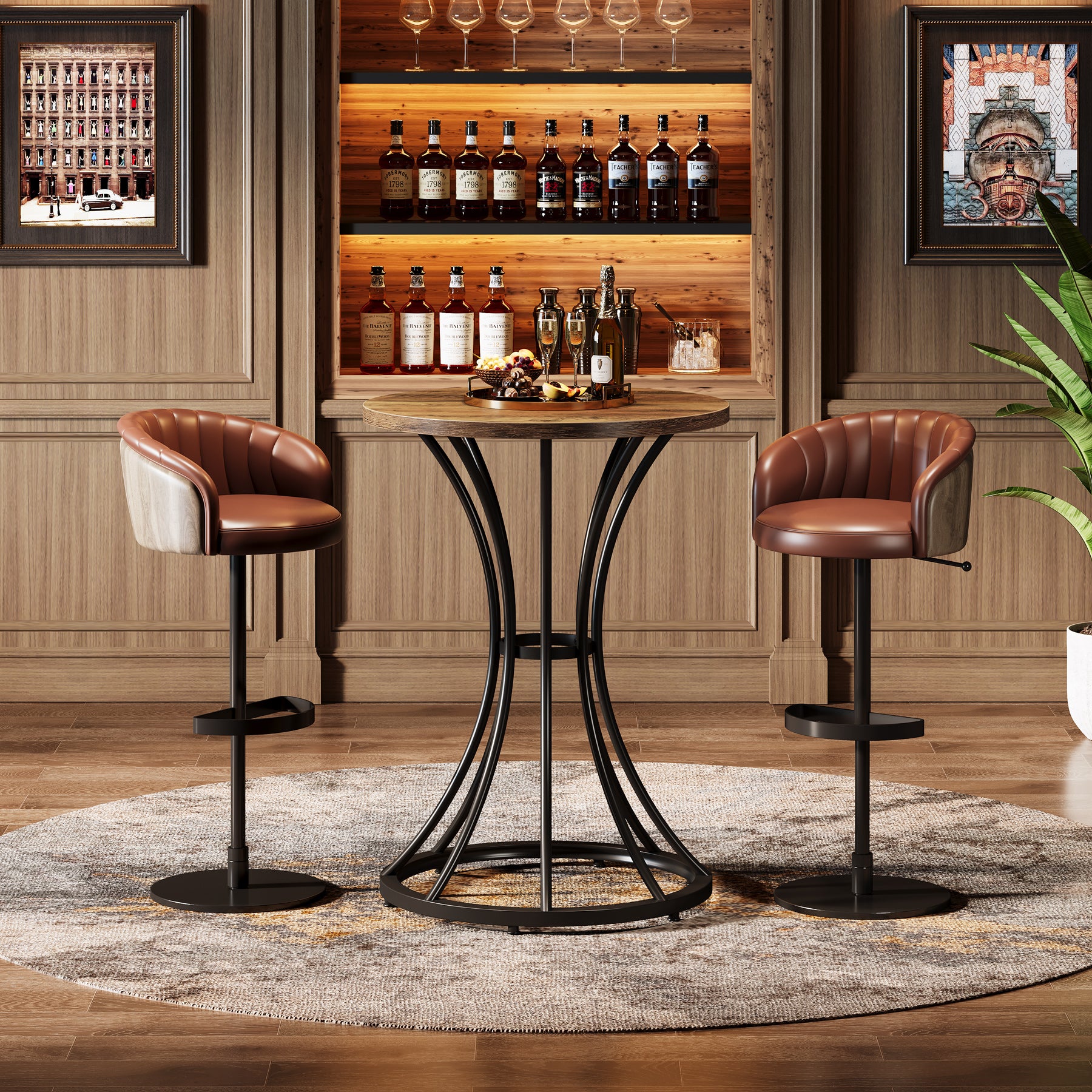 Round Bar Table for 2, 37.4" H Cocktail Table with Curved Metal Base