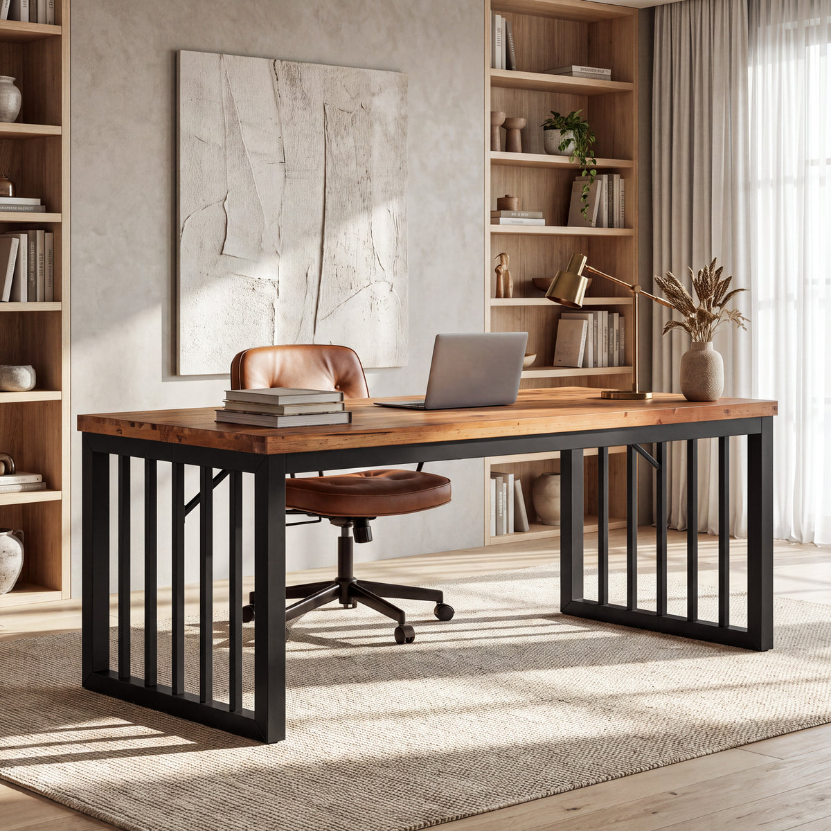 Tribesigns 63-Inch Solid Wood Computer Table, Large Home Office Desk with Metal Frame, Rustic Farmhouse Work Table