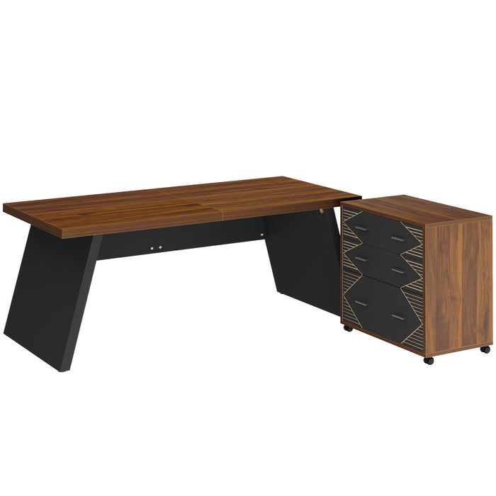 62" Executive Desk, L-shape Computer Desk with File Cabinet