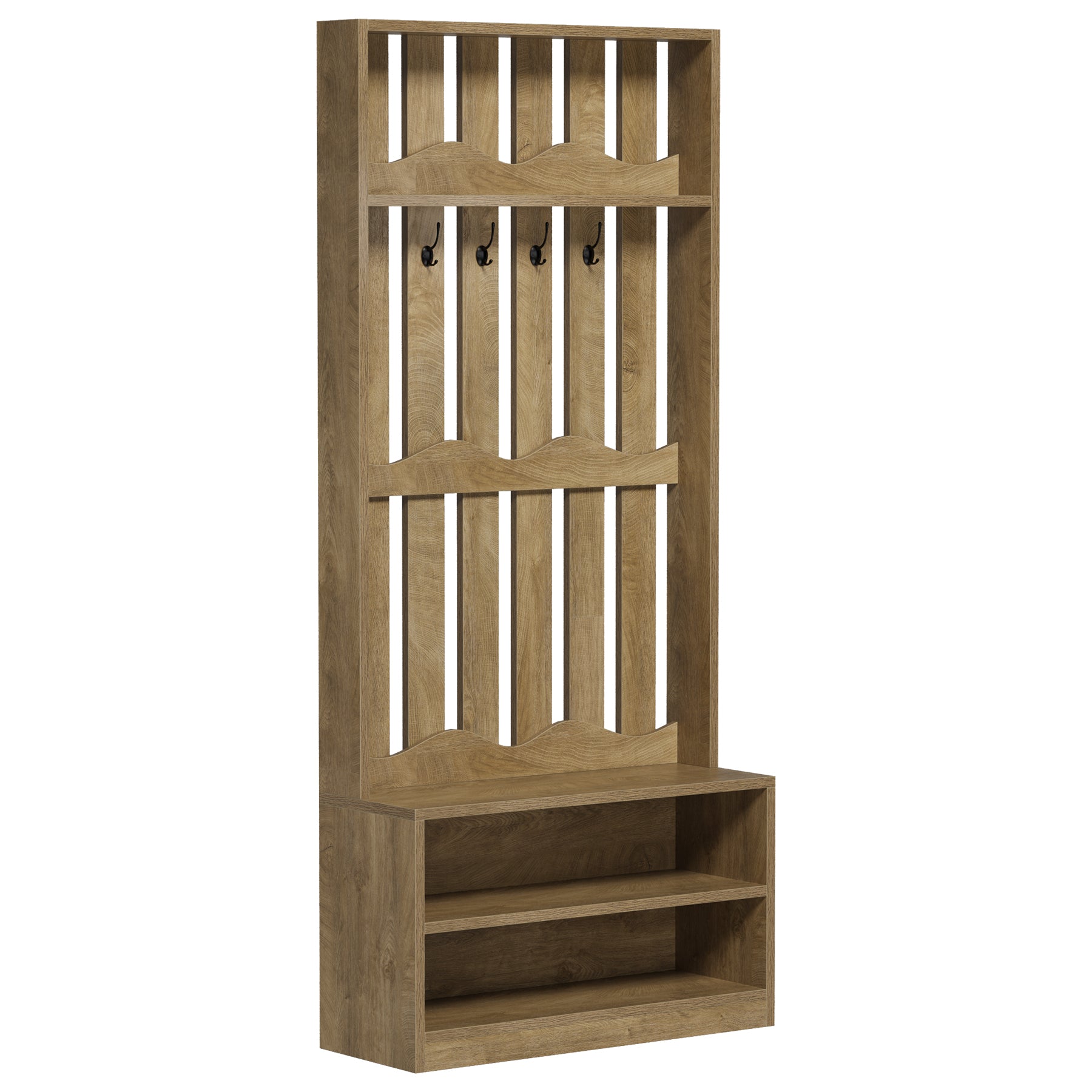 71.6" Tall Hall Tree, Farmhouse Entryway Storage with Bench & 4 Coat Hooks