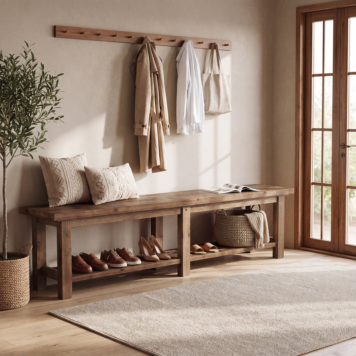 71" Solid Wood Entryway Bench, 2-Tier Shoe Bench End-of-Bed Bench with Open Storage