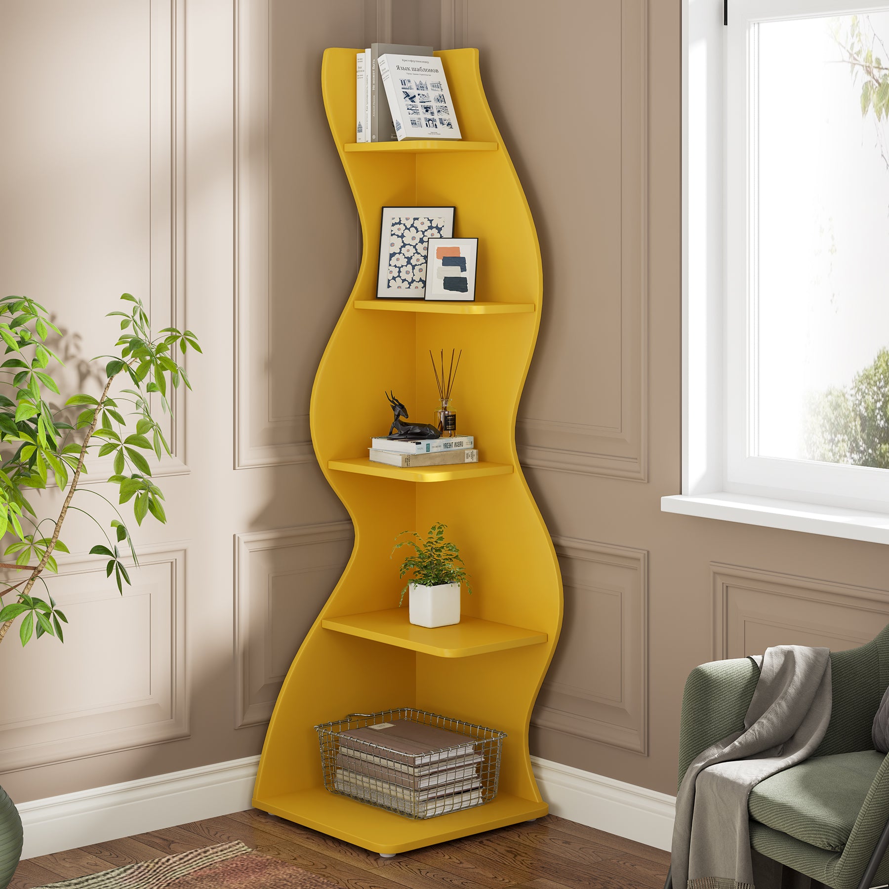 5-Tier Corner Shelf, Modern Wall Corner Bookshelf Bookcase