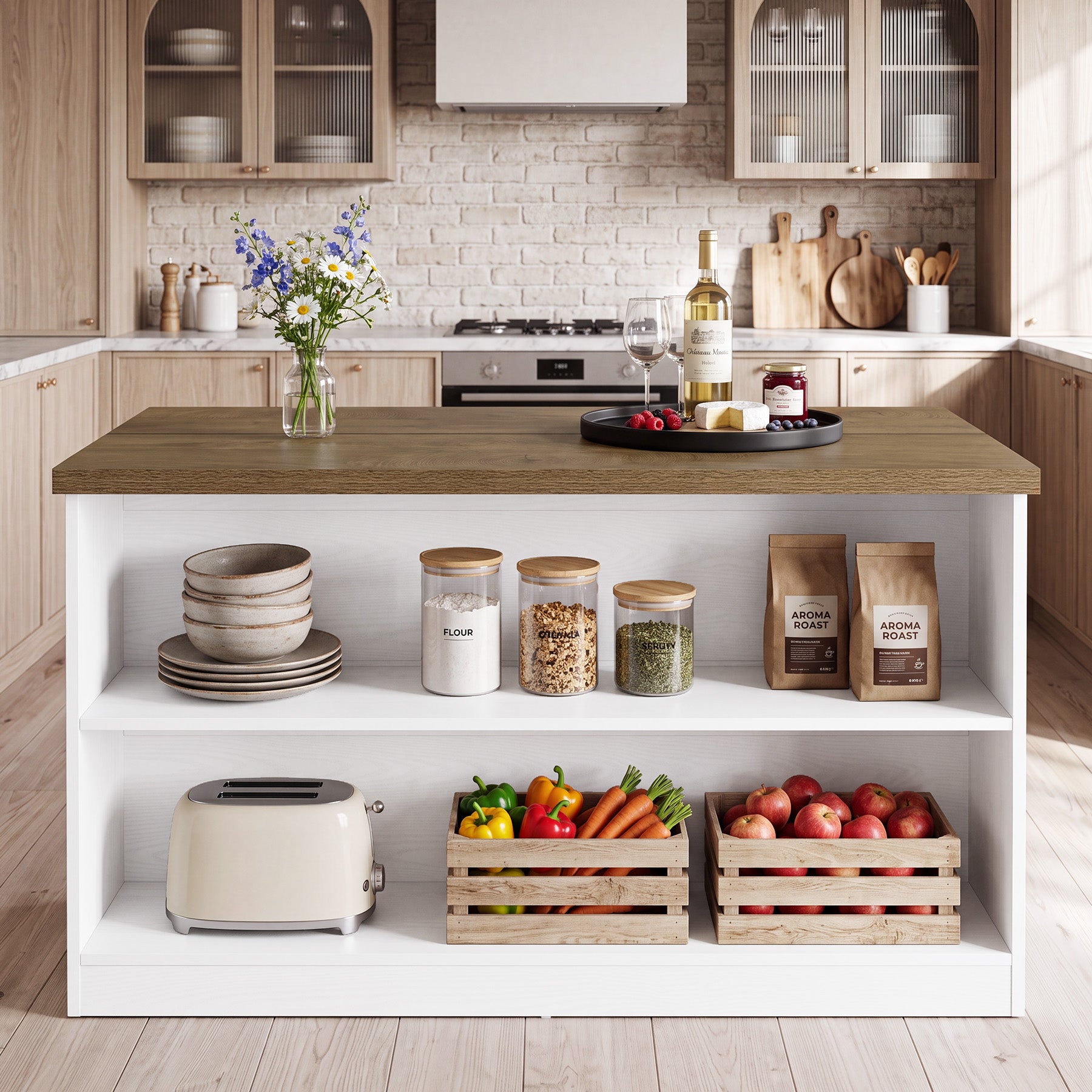 55" Farmhouse Kitchen Island, Stationary Island Prep Dining Table with 2-Tier Open Shelves