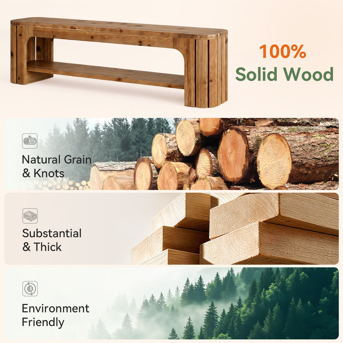 63" Solid Wood Entryway Bench, 2-Tier Open Shoe Storage, Rustic Hallway Bench