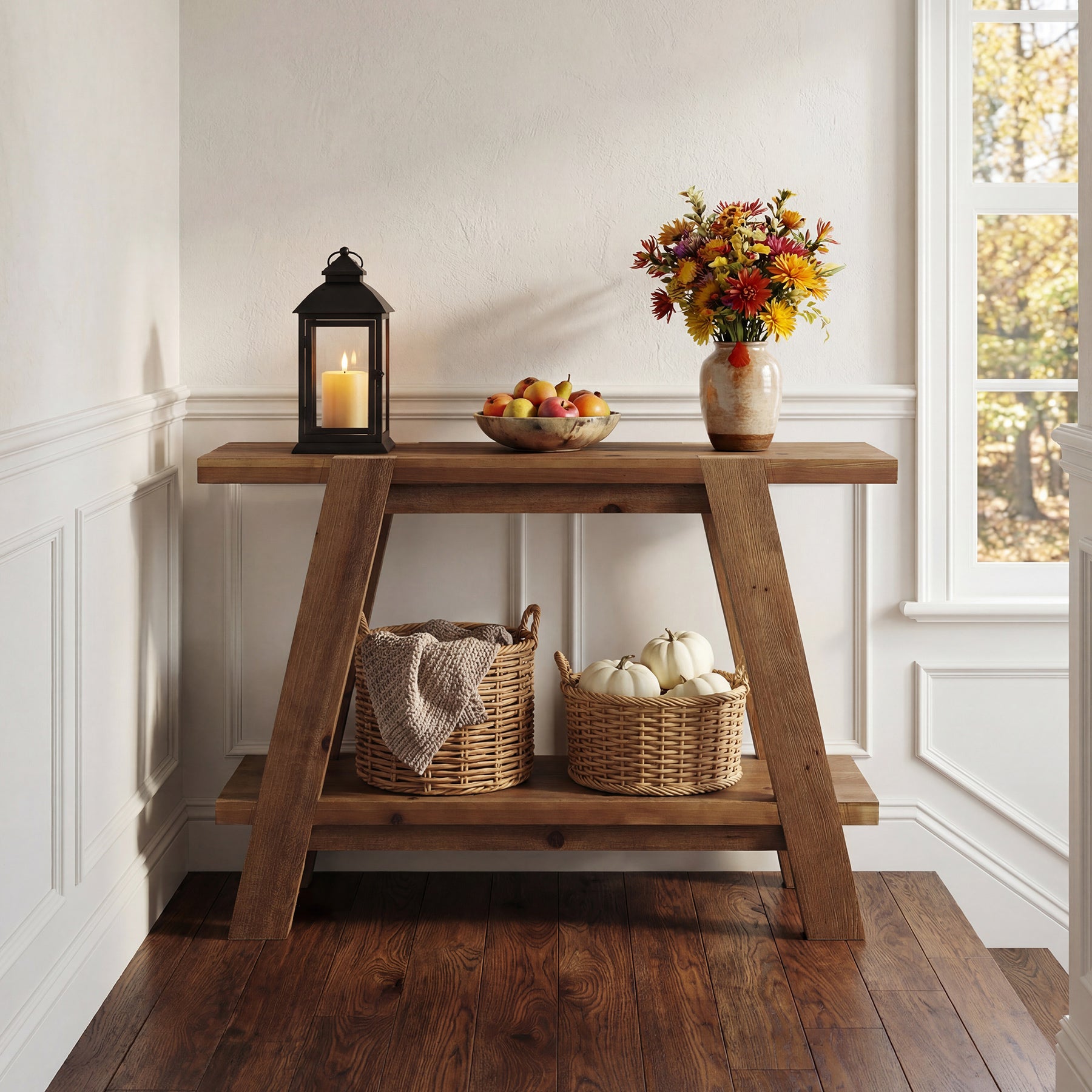 43" Narrow Console Table, 2-Tier Solid Wood Sofa Entryway Table