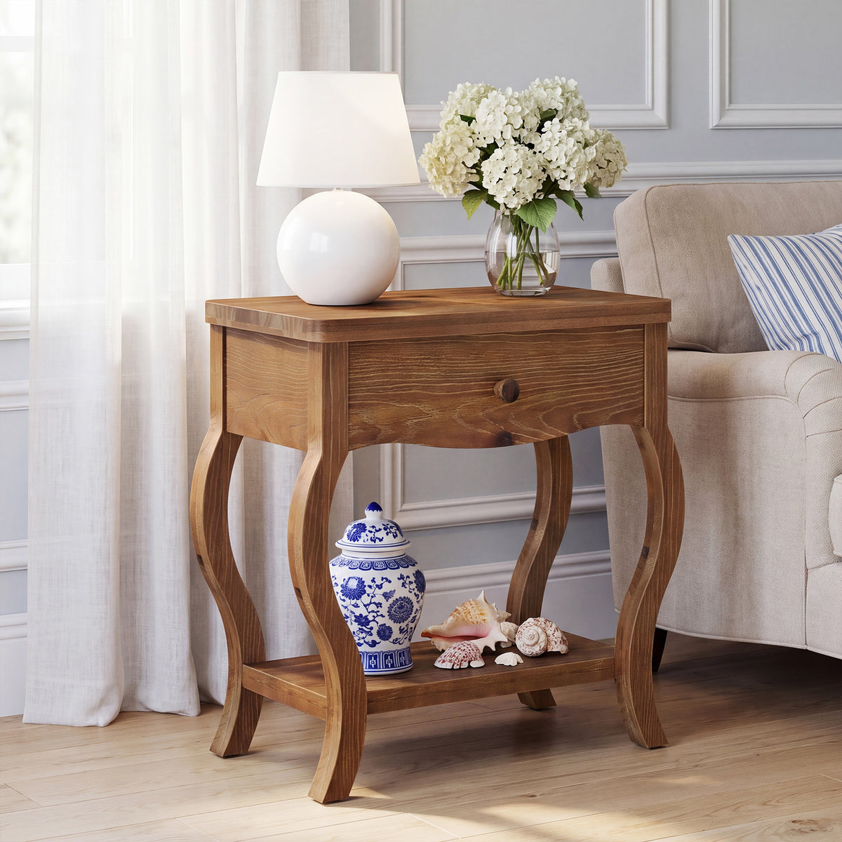 Rustic Solid Wood End Table with Drawer, 24"W Tall Side Table, Living Room