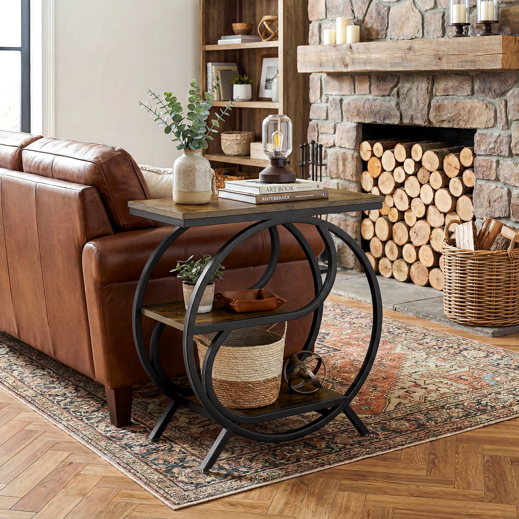 23.62" Industrial 3-Tier End Table, Rustic Brown Rectangle Side Table