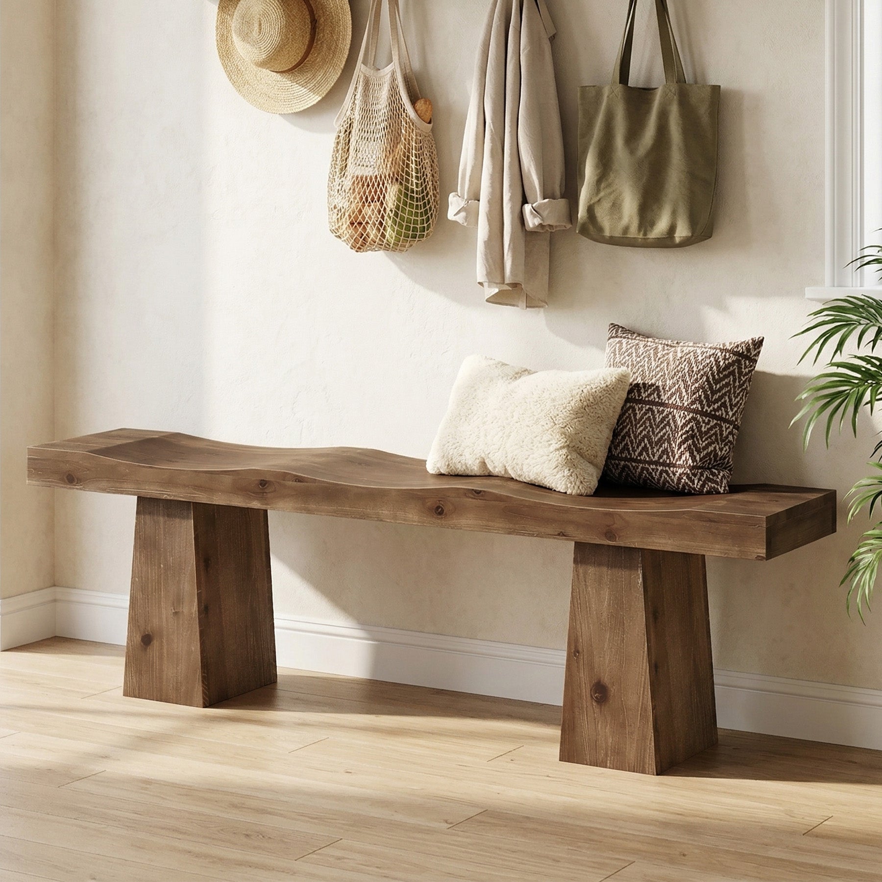 Solid Wood Entryway Bench, 59" End of Bed Bench with Wavy Edges Design