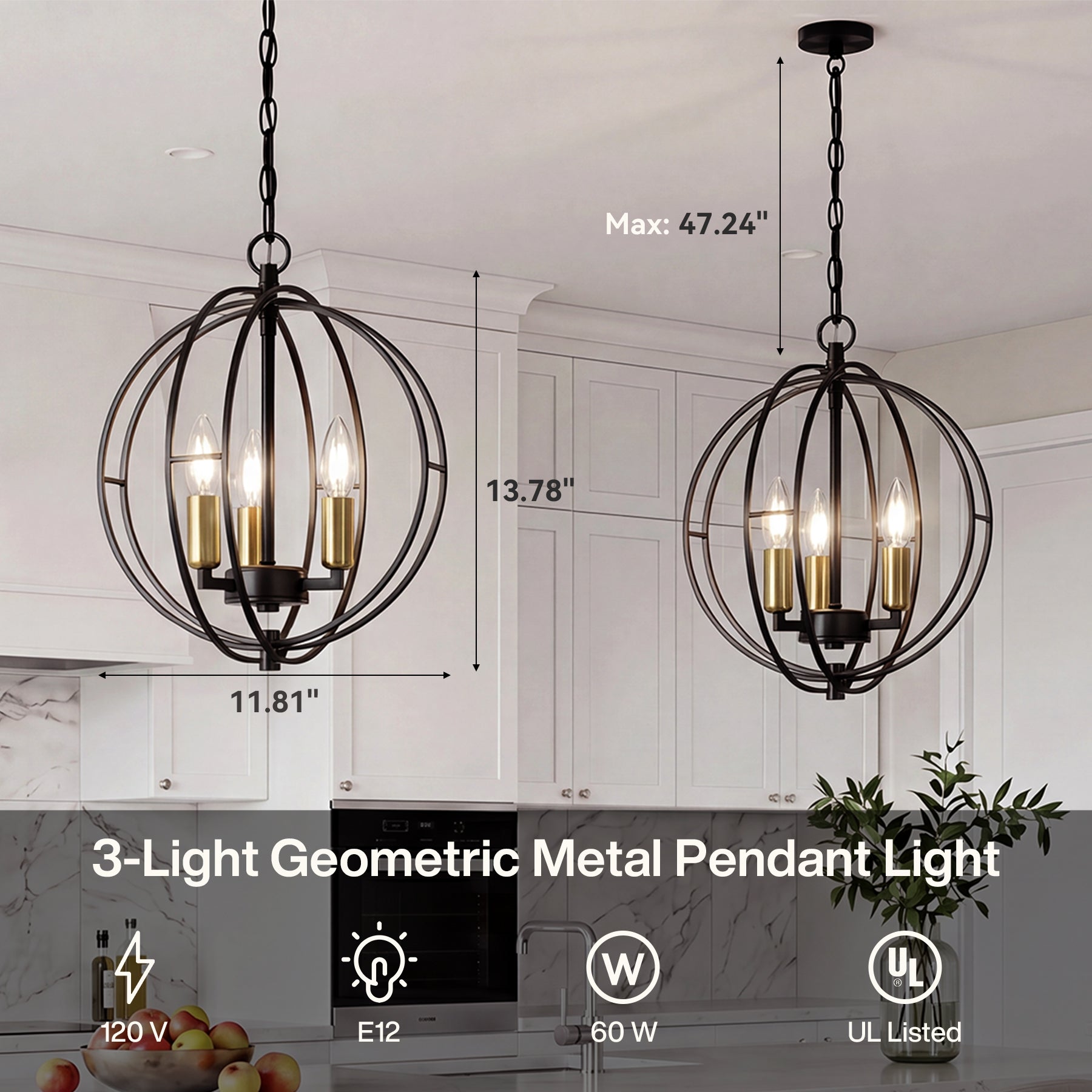 3-Light Chandelier, Industrial Metal Globe Pendant Light with Adjustable Hanging Height