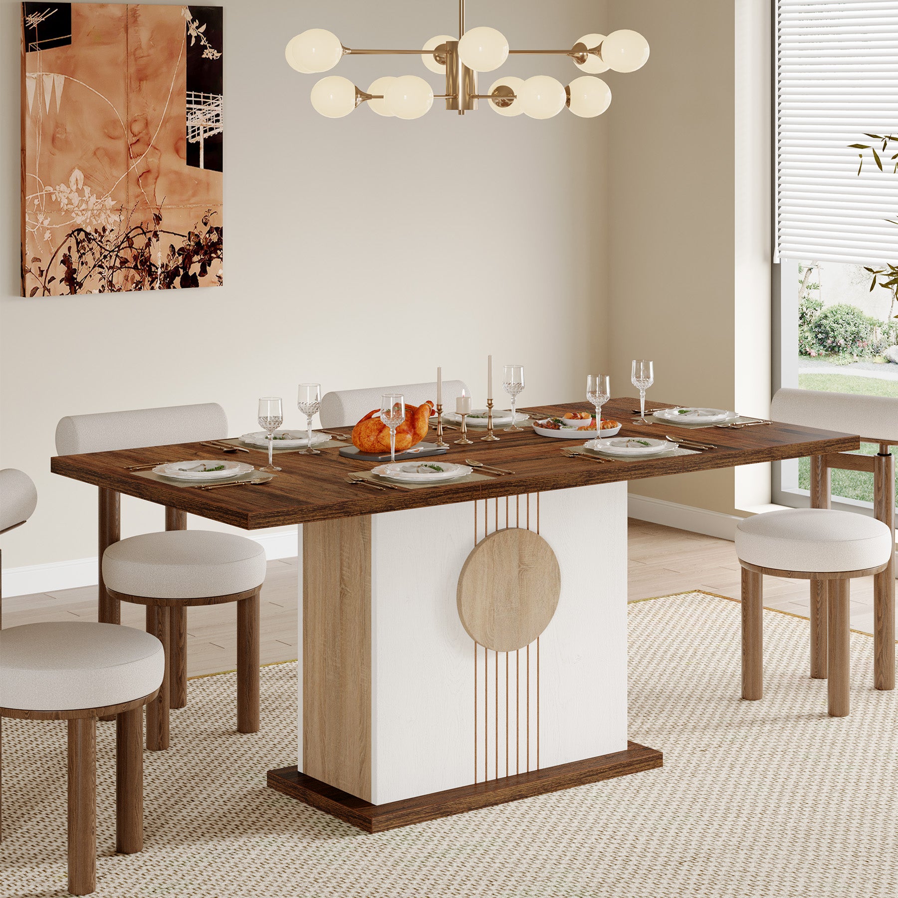 55" Rectangular Dining Table for 4–6 People, Farmhouse Wood Kitchen Table