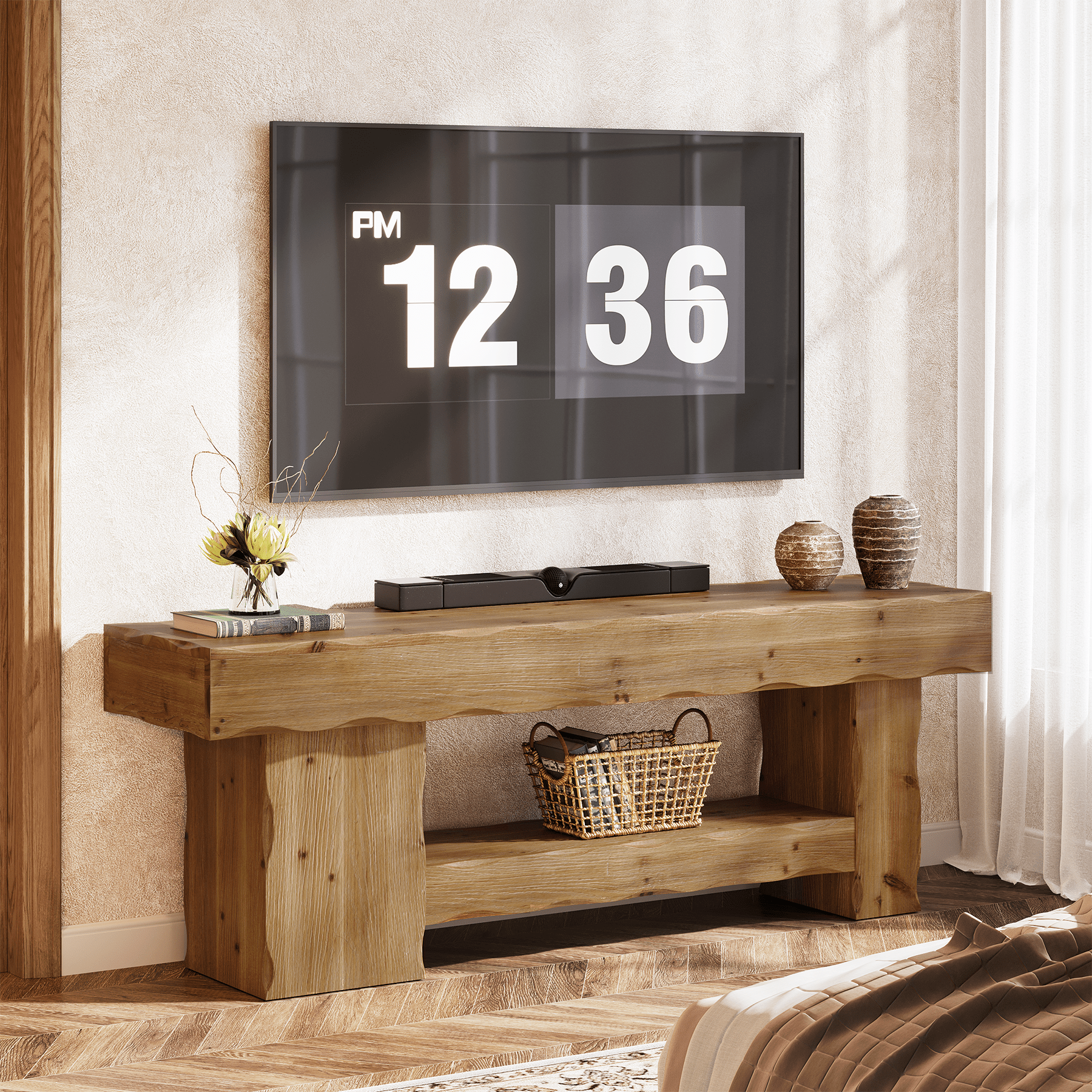 Solid Wood TV Stand for up to 75" TVs, 63" Media Console Entertainment with Shelves