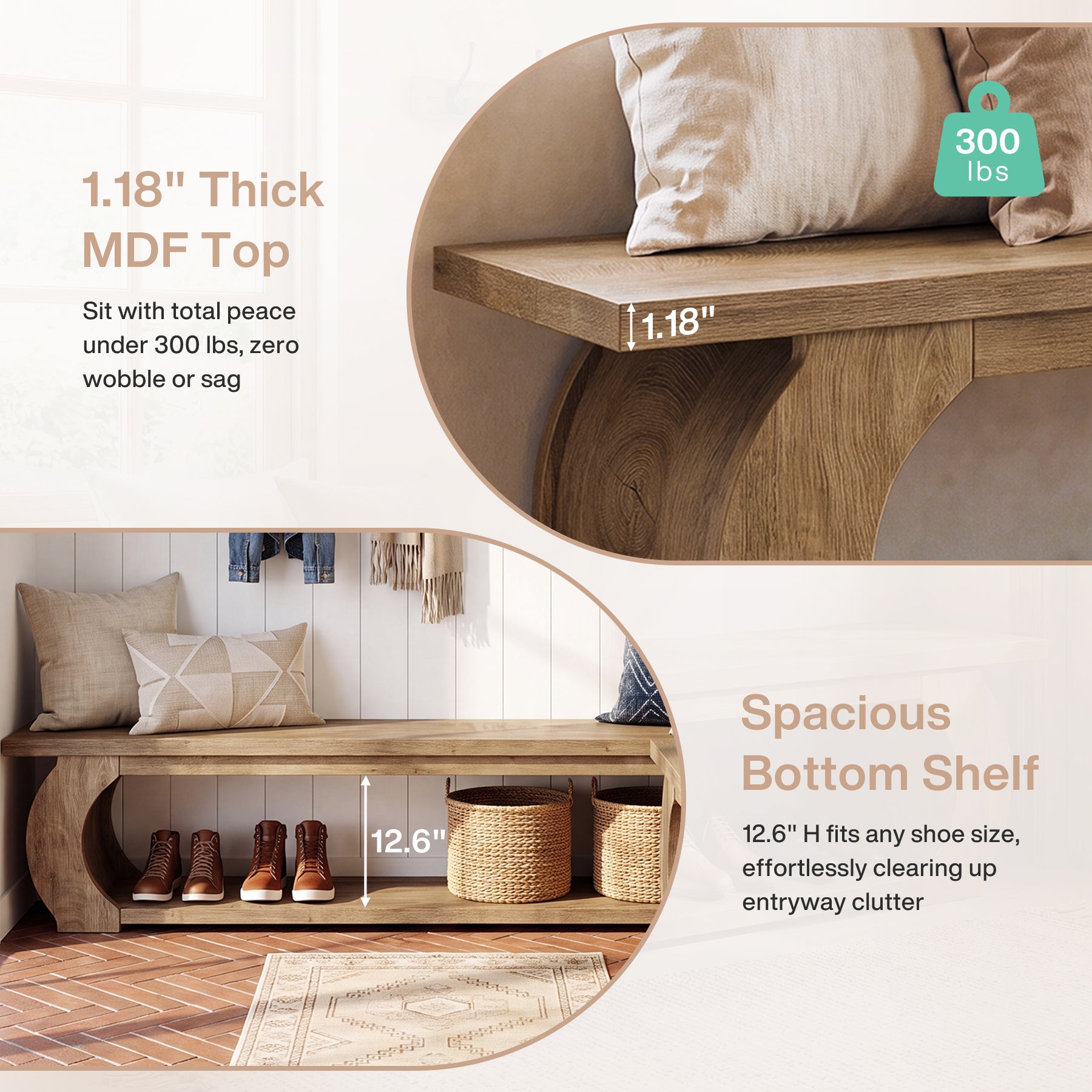 63" Farmhouse Entryway Bench with Storage Shelf, Wooden Shoe Bench