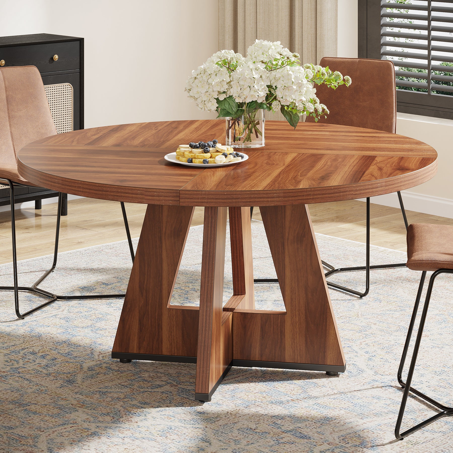 47" Farmhouse Dining Table, Round Wooden Kitchen Dinner Table for 4 People