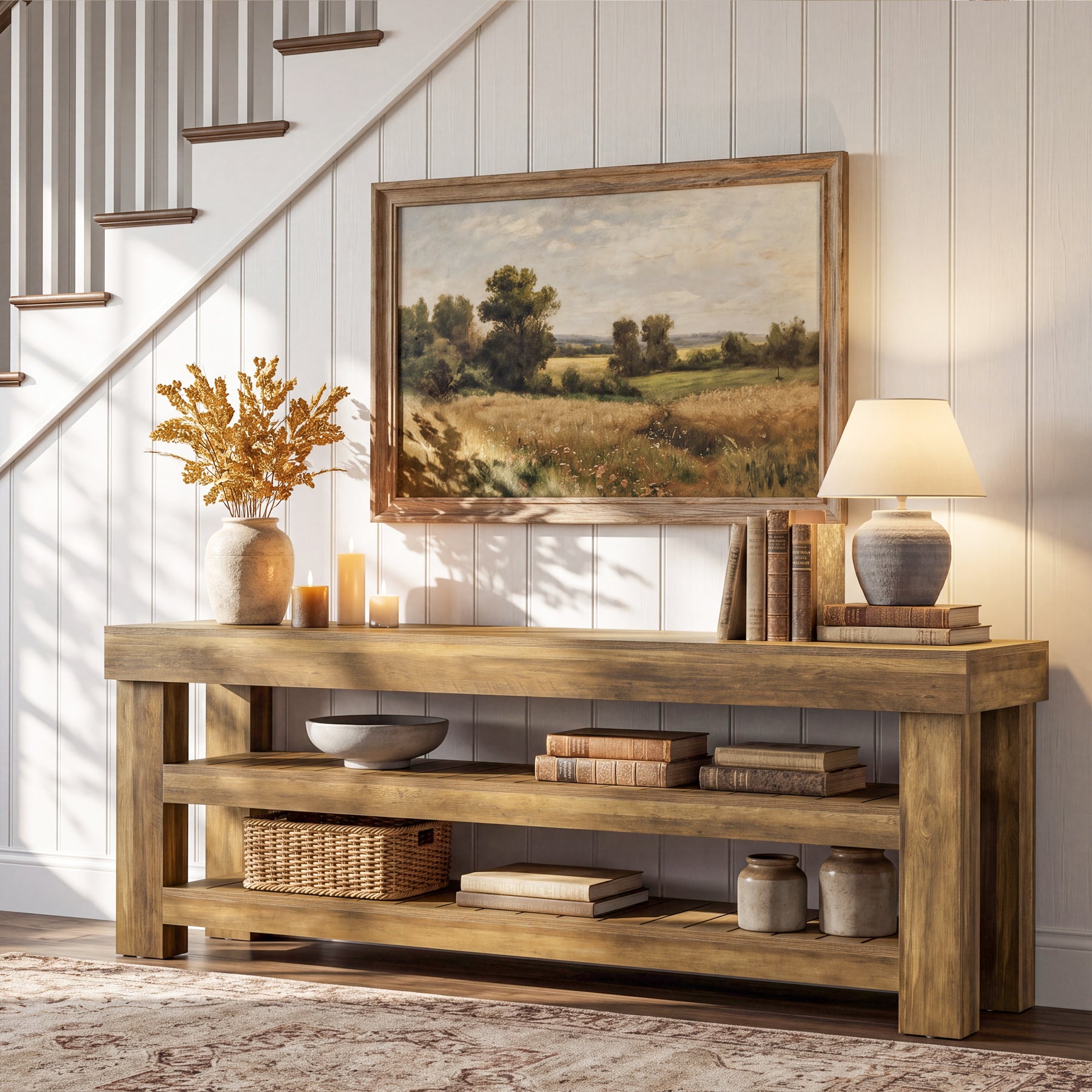 71" Extra Long Console Table with 2 Shelves, Narrow Rustic Farmhouse Sofa Table, Entryway