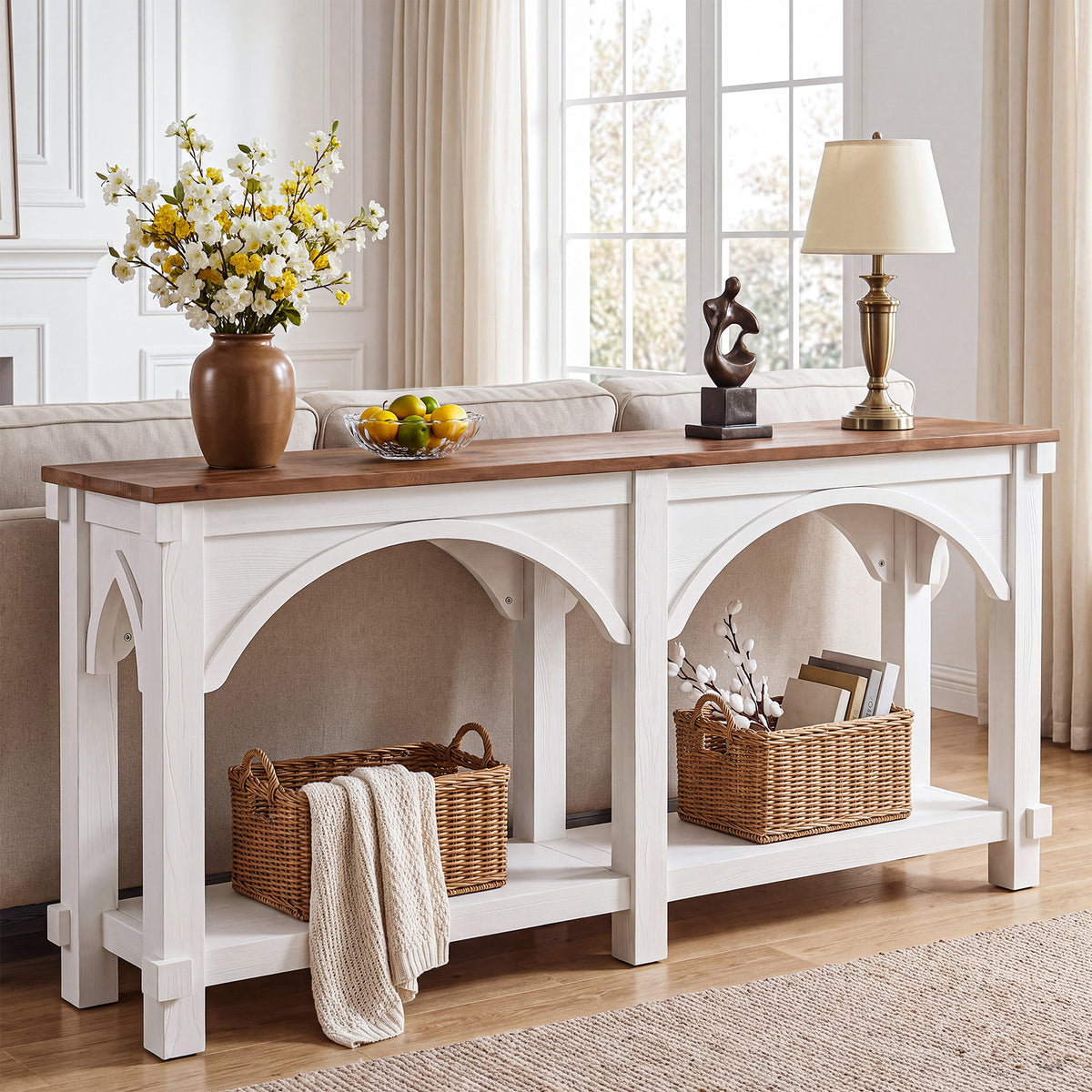 63" Solid Wood Console Table, 2-Tier Sofa Table with Storage Shelves for Entryway