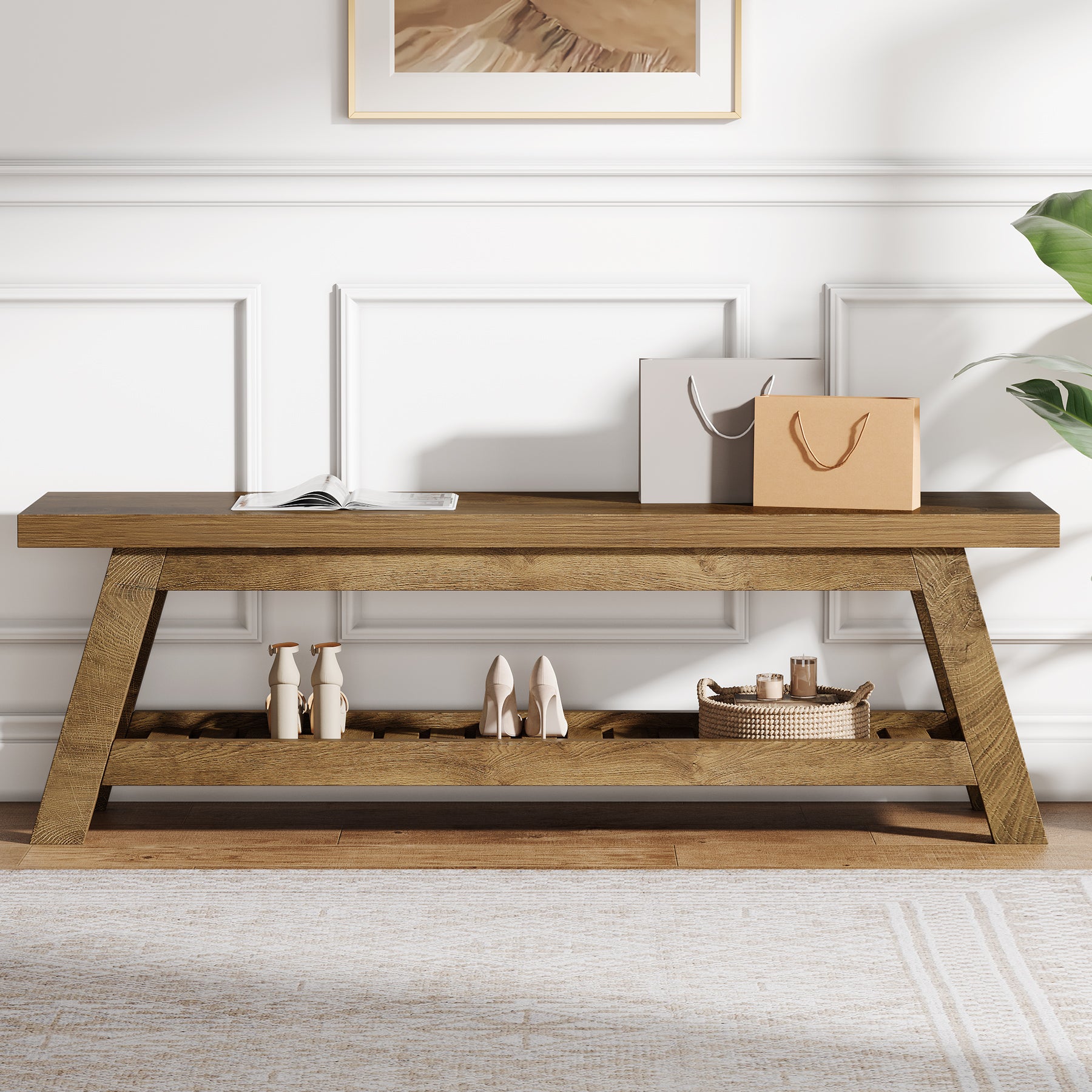 55" Entryway Bench, 2-Tier Foyer Seating Bench with Shoe Storage