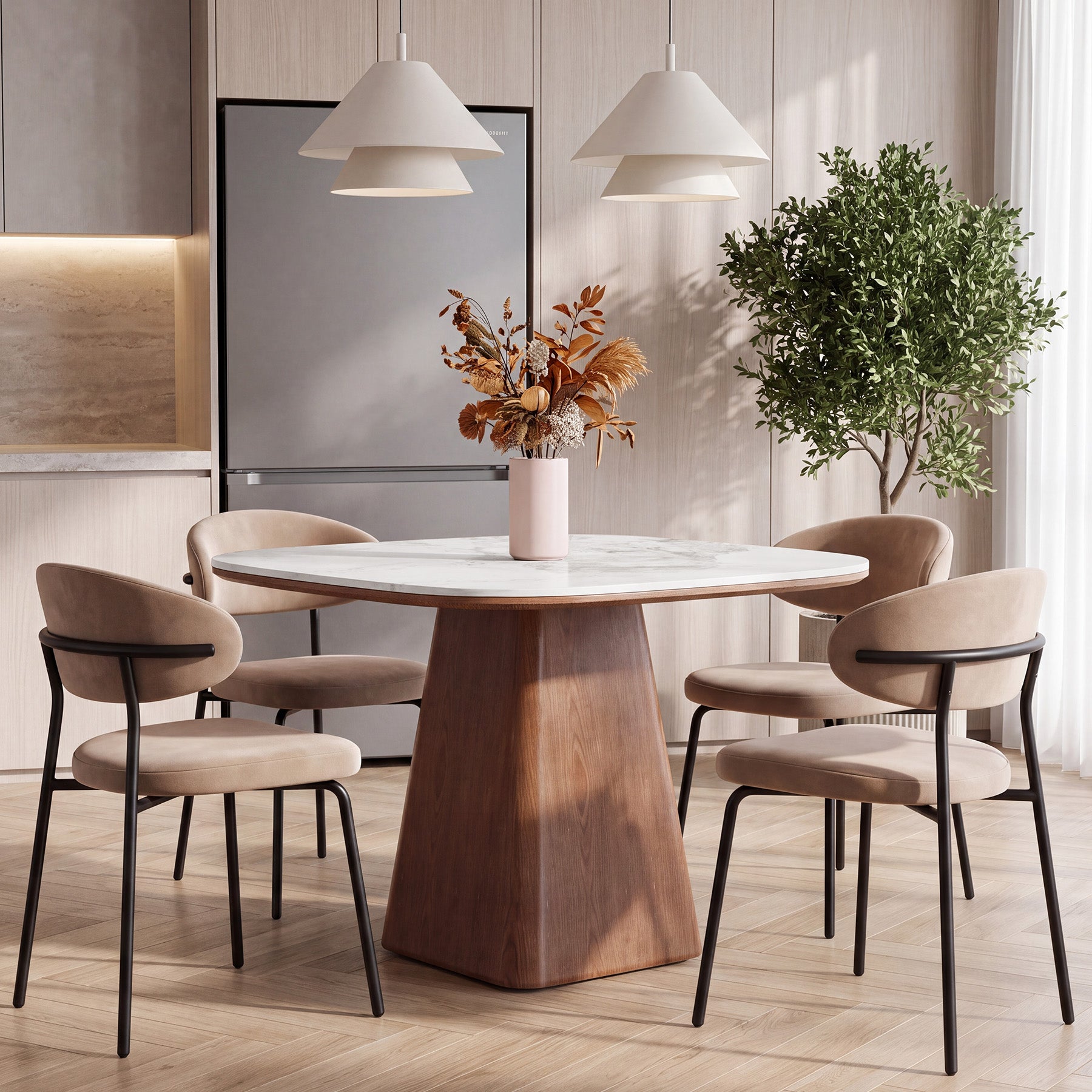 35.4" Square Sintered Stone Dining Table, Small Kitchen Table with Solid Wood Base