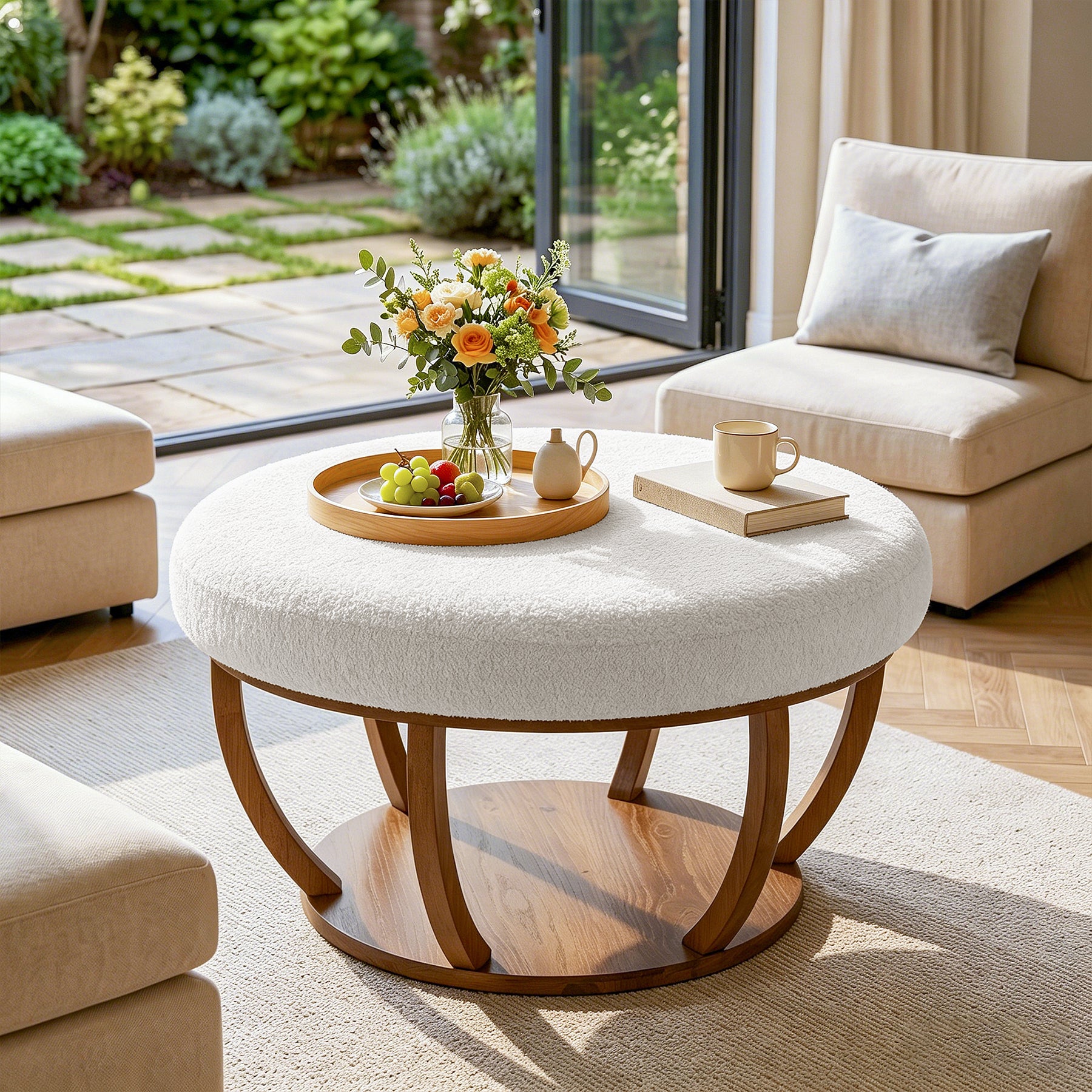 31.5" Round Coffee Table, Modern Footrest Ottoman Center Table with Solid Wood Frame