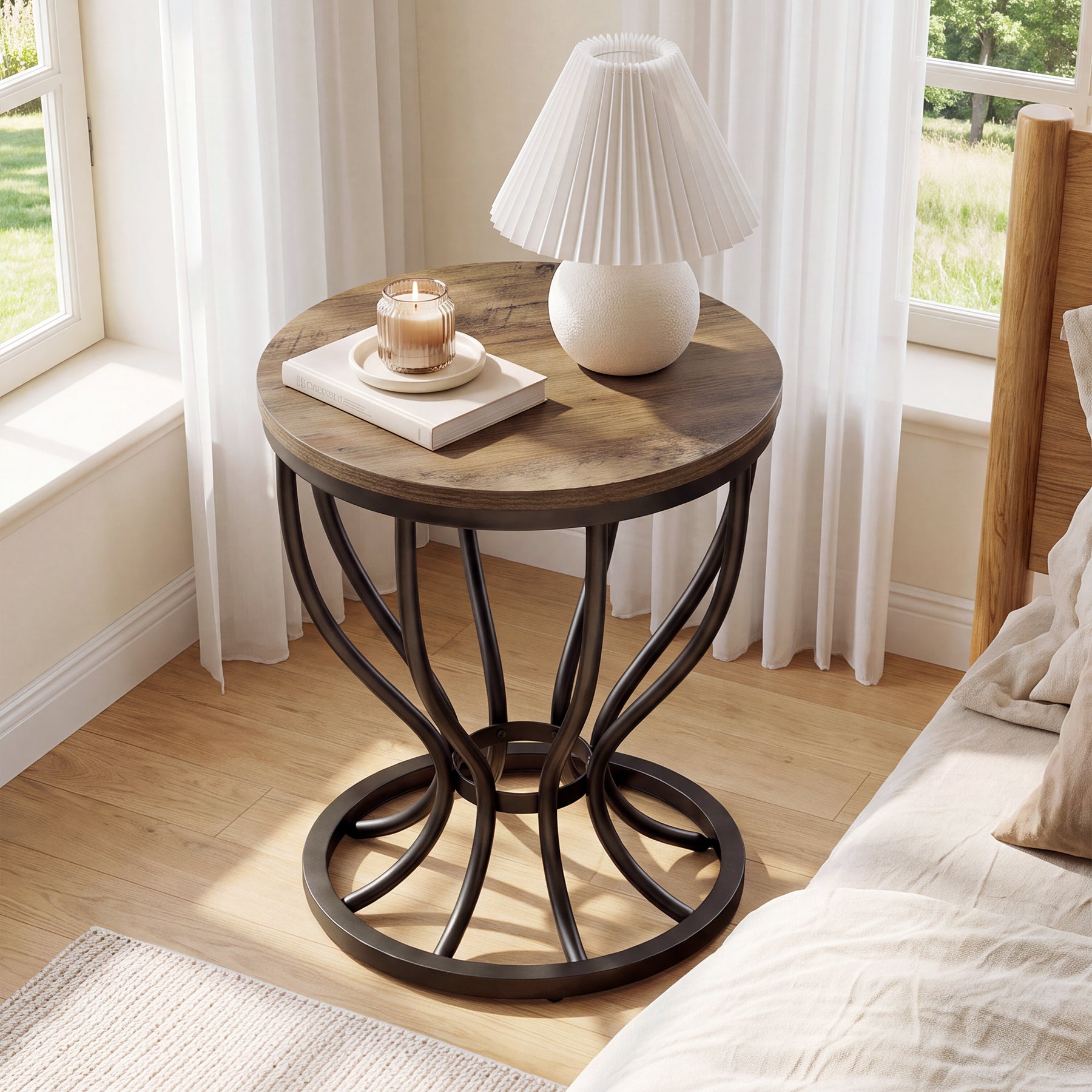 19.6" Round Side Table, Industrial End Table with Curved Metal Frame for Living Room
