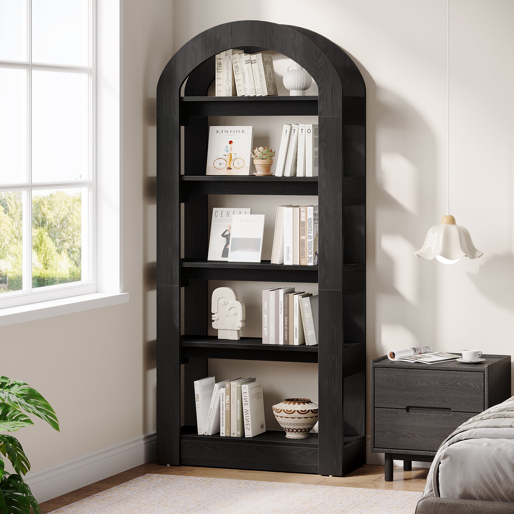 5-Tier Wooden Bookshelf with Arched Top, Tall Display Bookcase Shelf