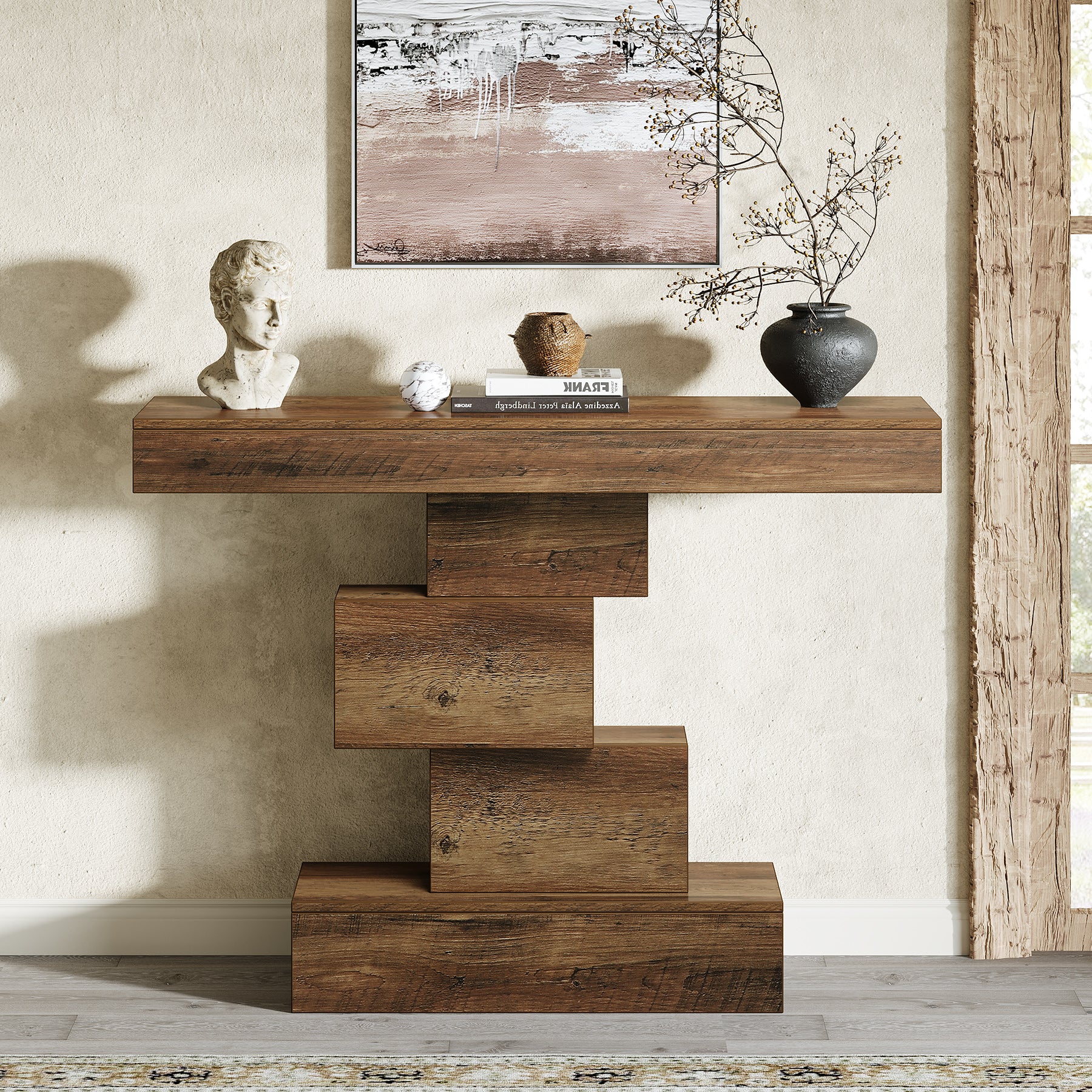42.5" Rustic Brown Farmhouse Console, Industrial Geometric Sofa Table for Hallway Entrance