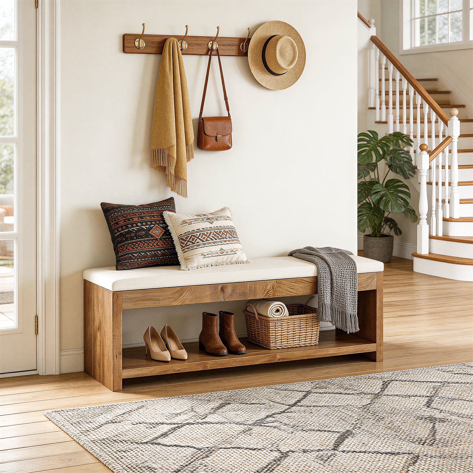 55" Entryway Bench, Wooden Shoe Bench with Cushion and Shoe Rack