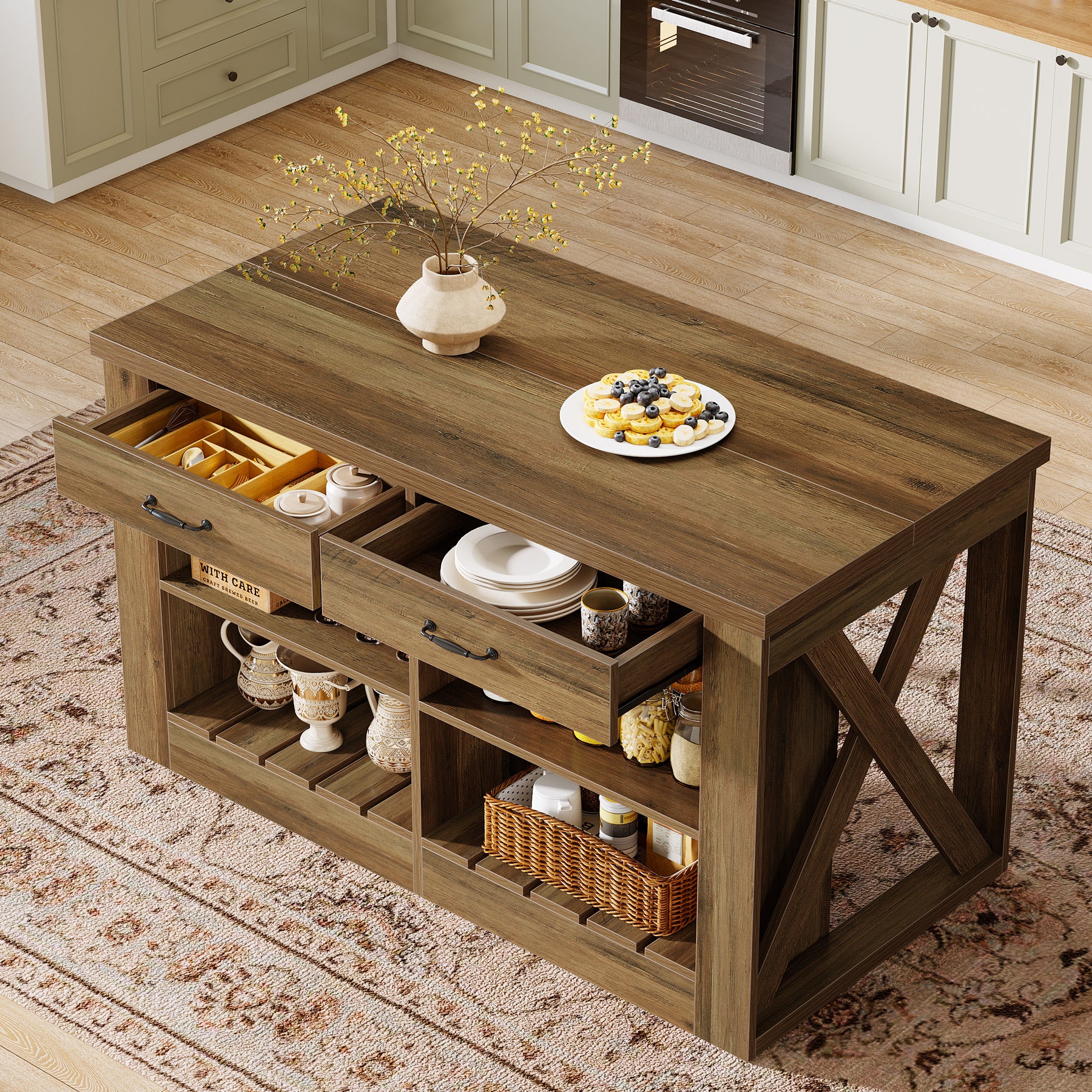 55" Kitchen Island, Wooden Bar Table with 2 Drawers and Open Shelf