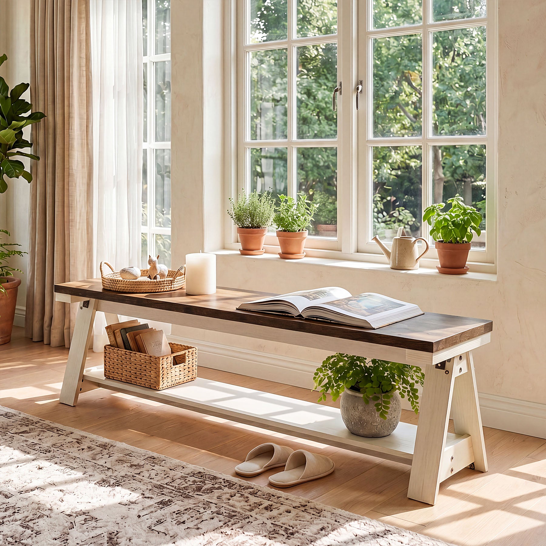 59 Inch Wooden Entryway Bench with Open Shelves, Farmhouse 2-Tier Storage Bench for Hallway