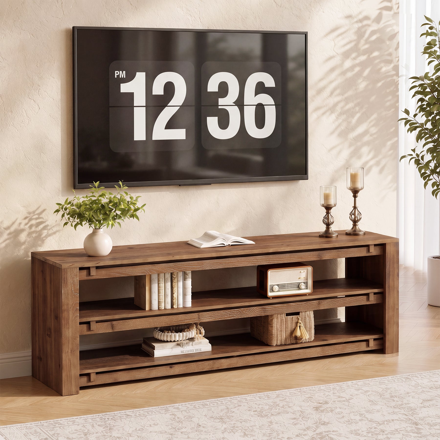 63" Solid Wood TV Stand Fits up to 75" Tvs, 3-Tier TV Console with Storage Shelves