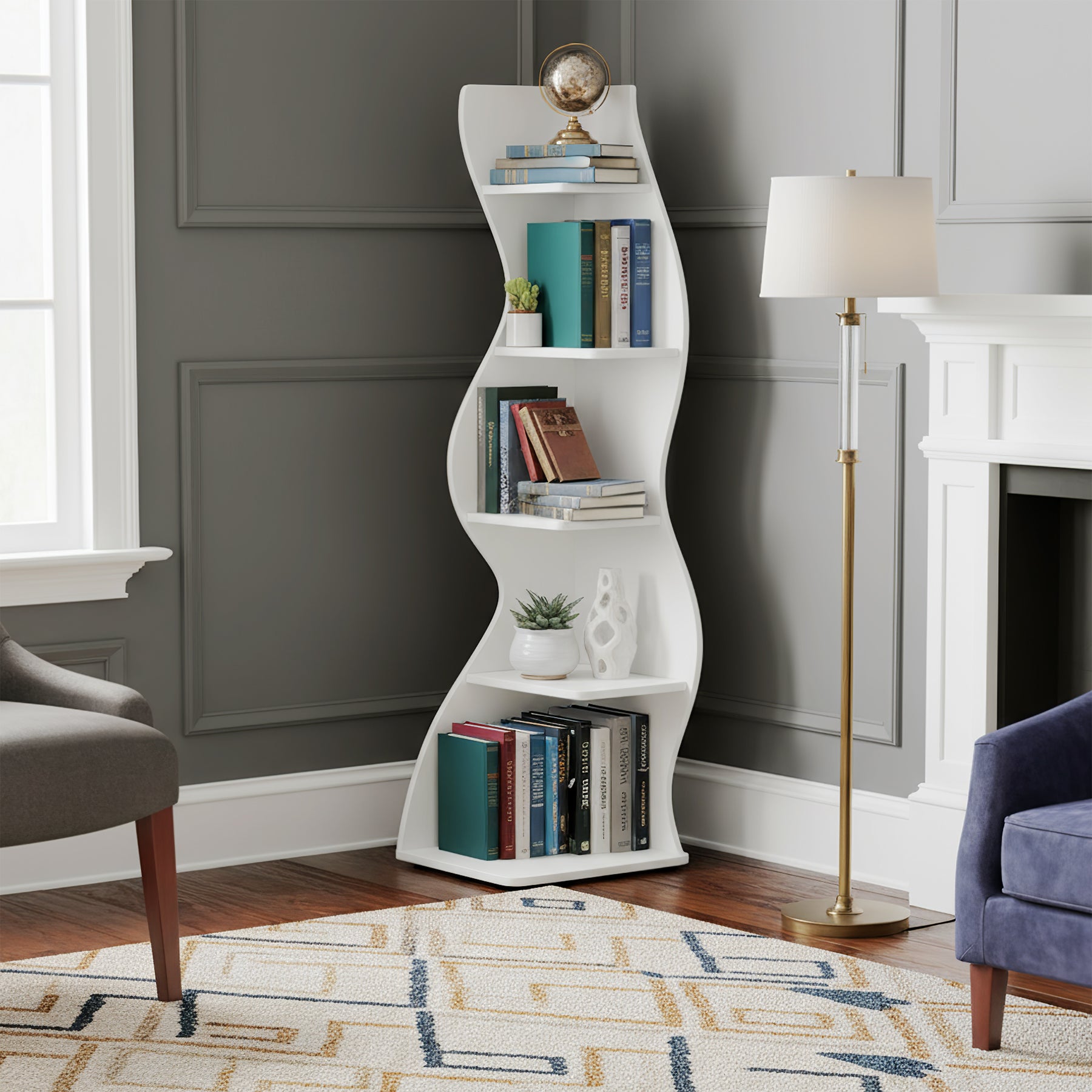 5-Tier Corner Bookcase, Rustic Freestanding Corner Shelf for Small Spaces