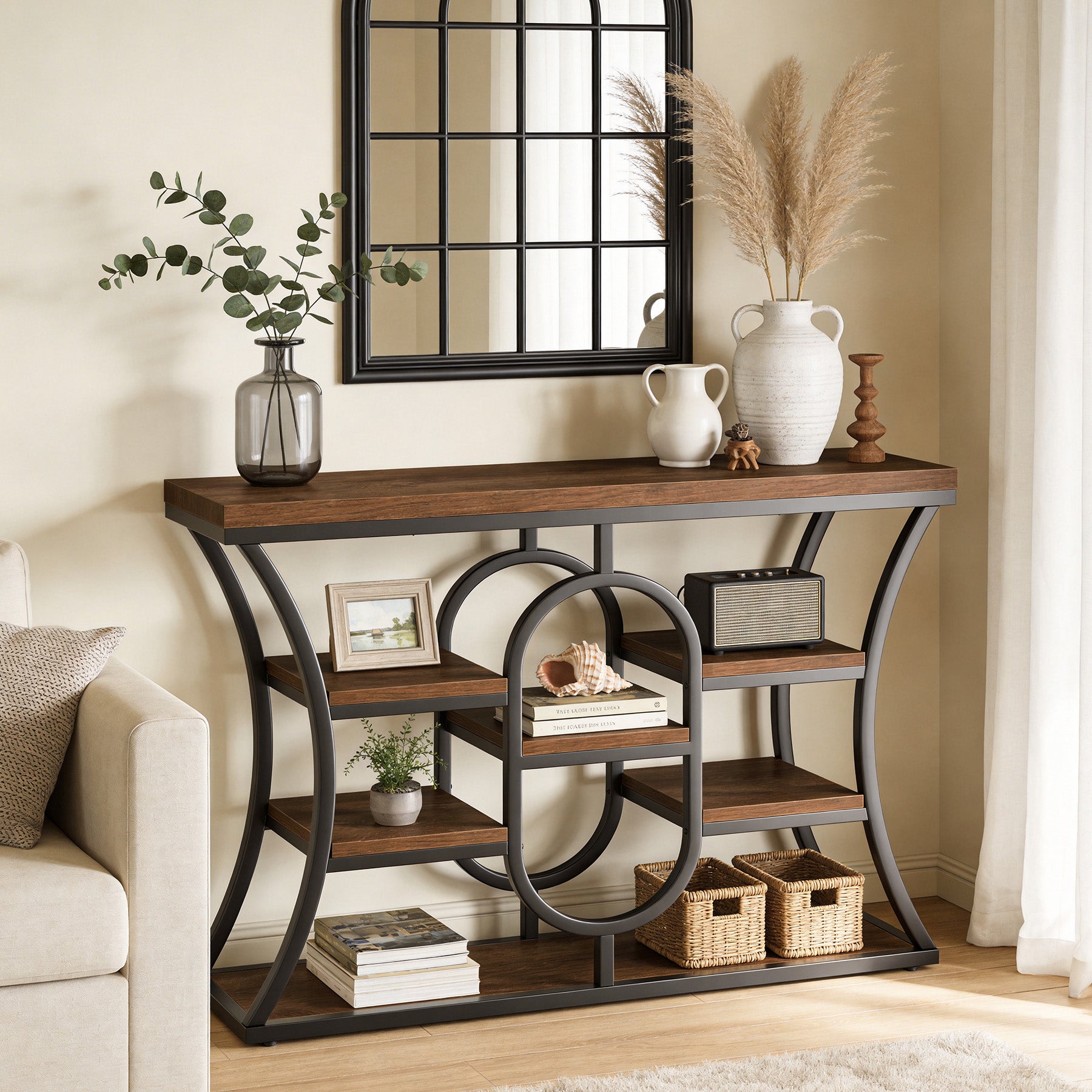 41.3" Industrial Console Table with 5-Tier Shelves, Narrow Entryway Sofa Table for Small Spaces
