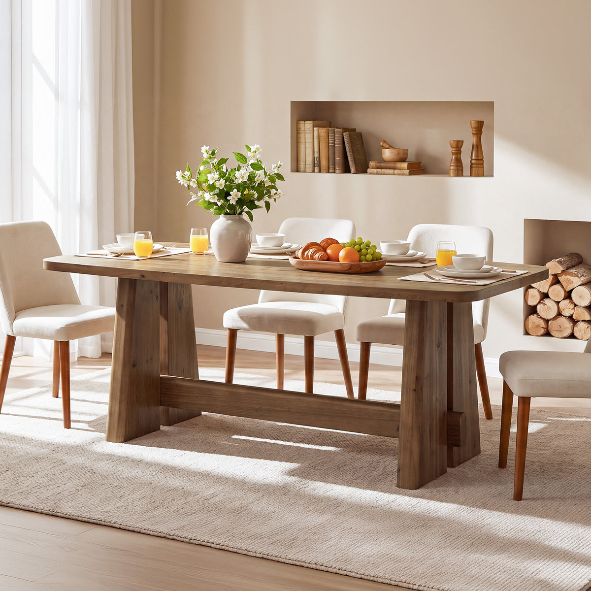 63" Farmhouse Solid Wood Dining Table for 4-6, Thick Top, Rectangular Kitchen Table