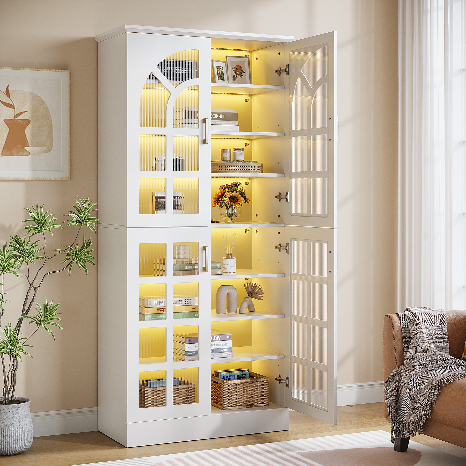 69" Storage Cabinet, Modern Bookcase with Doors and LED Lights