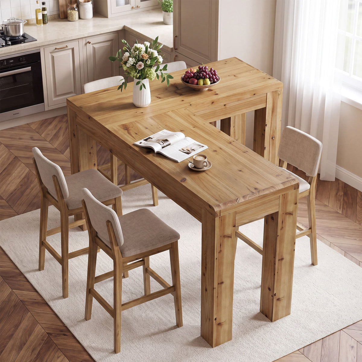 63" Solid Wood L-Shaped Bar Table, Corner Dining Table for Kitchen