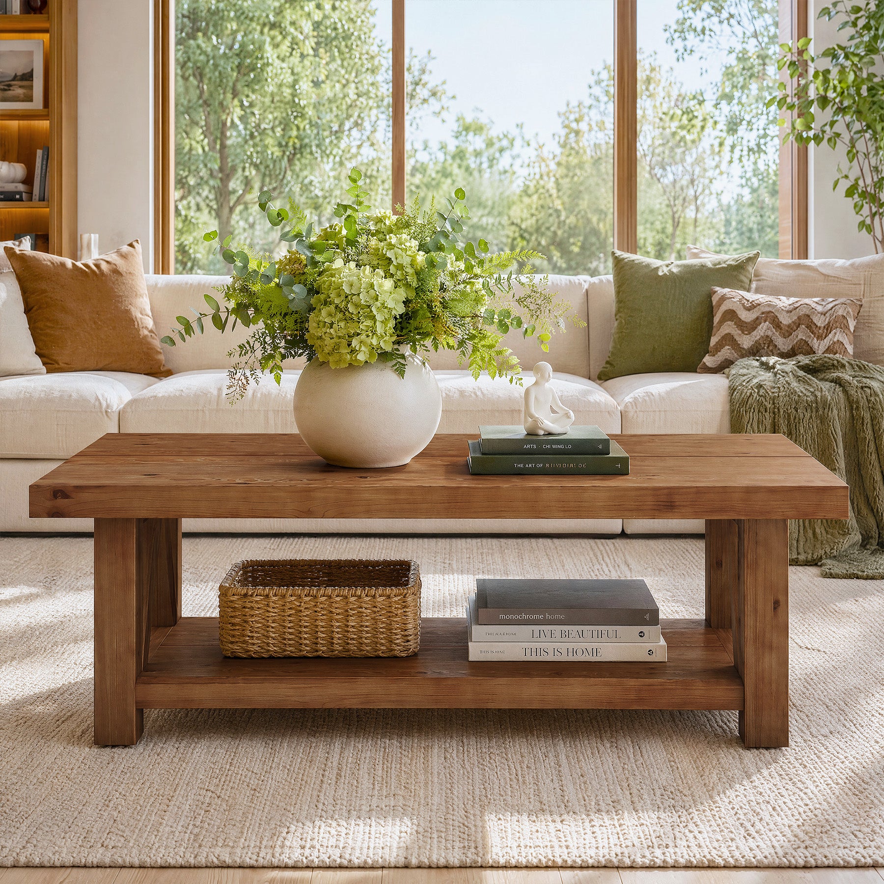 55" Rectangular Coffee Table, 2-Tier Solid Wood Center Table for Living Room