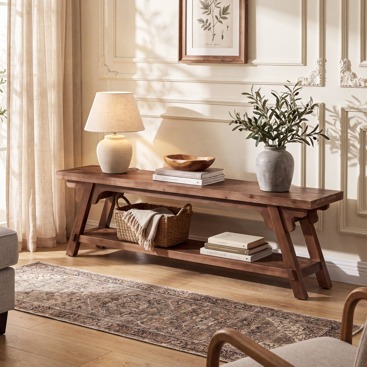 63" Long Solid Wood Entryway Bench, 2-Tier End of Bed Bench, Bedroom Mudroom