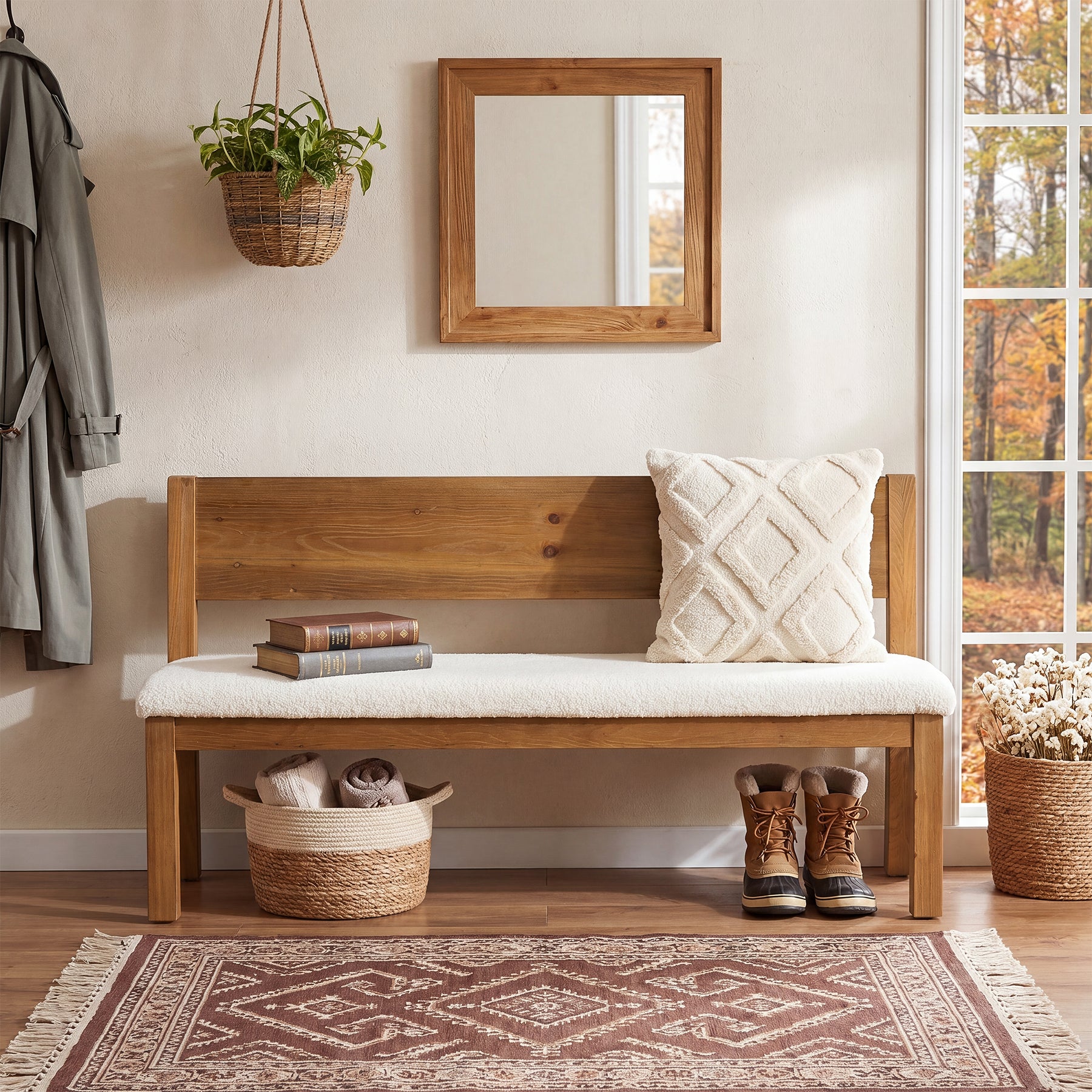 55" Entryway Bench, Upholstered Storage Bench with Backrest for Hallway